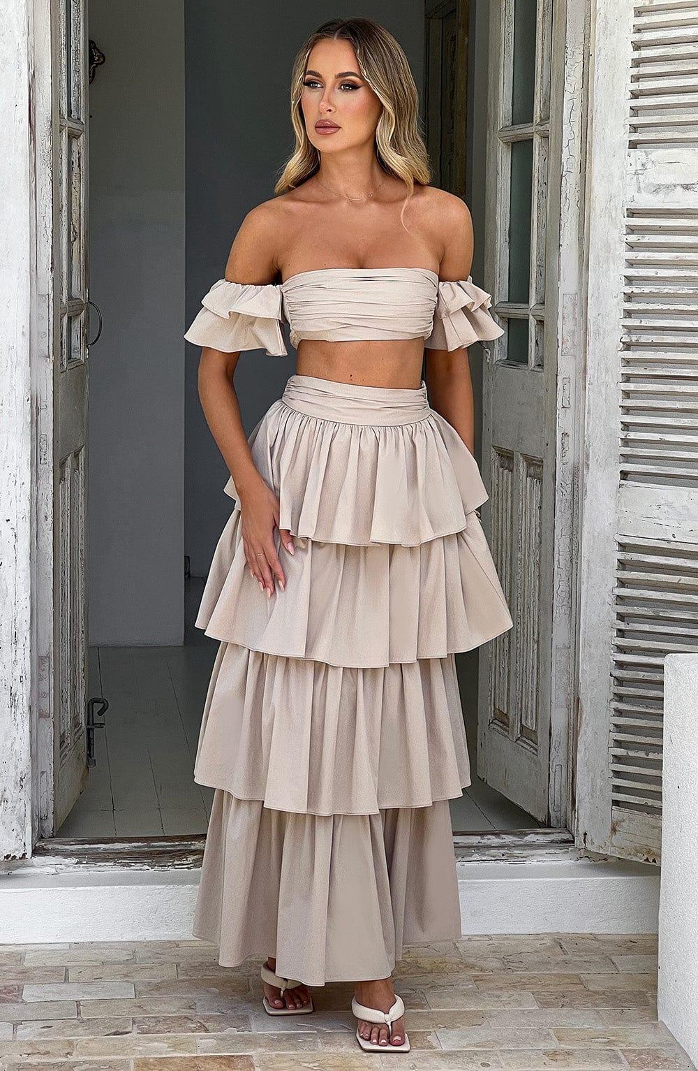 Beige Off Shoulder Ruffle Sleeve Cropped Cotton Top - Joy