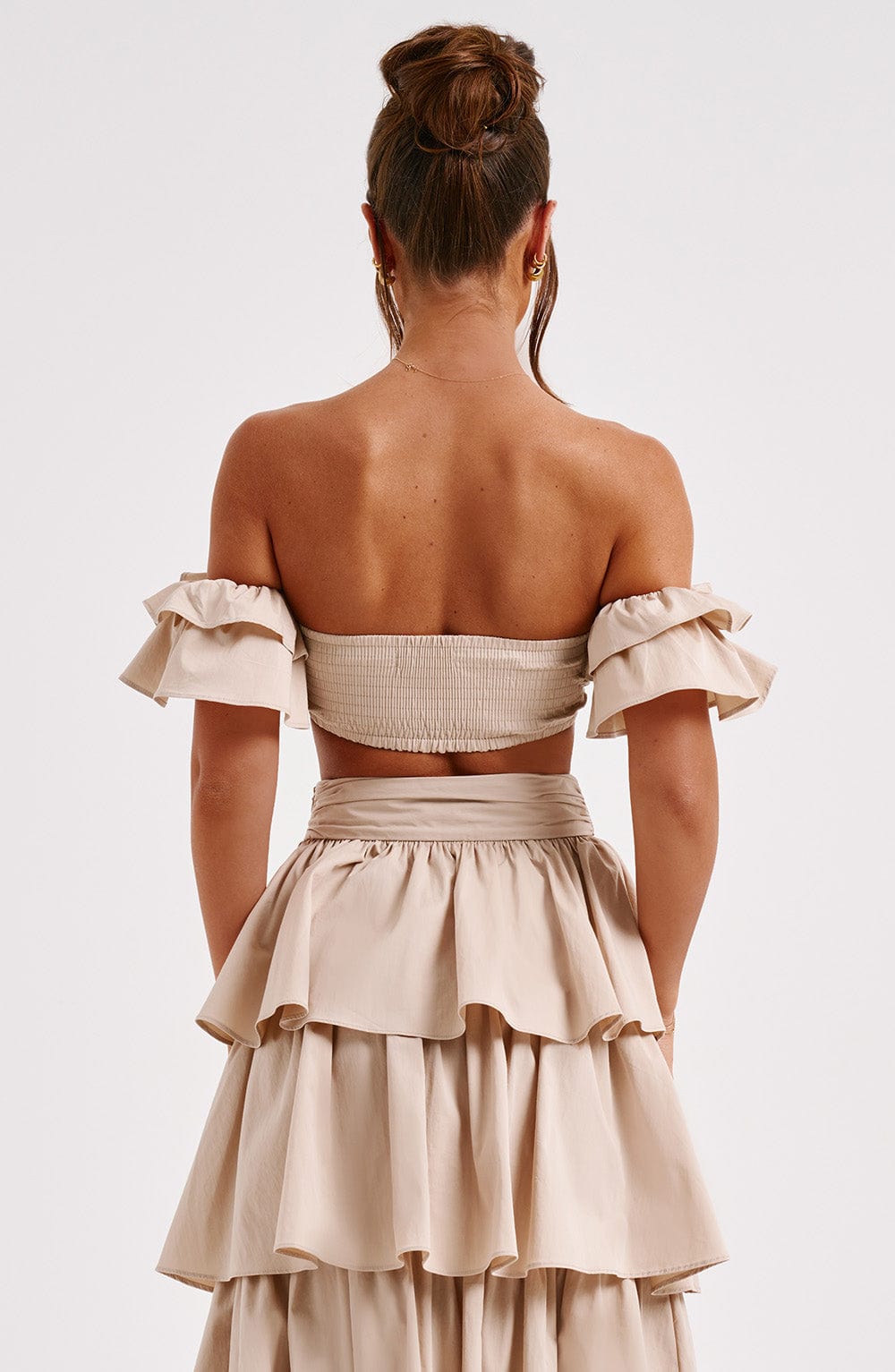 Beige Off Shoulder Ruffle Sleeve Cropped Cotton Top - Joy