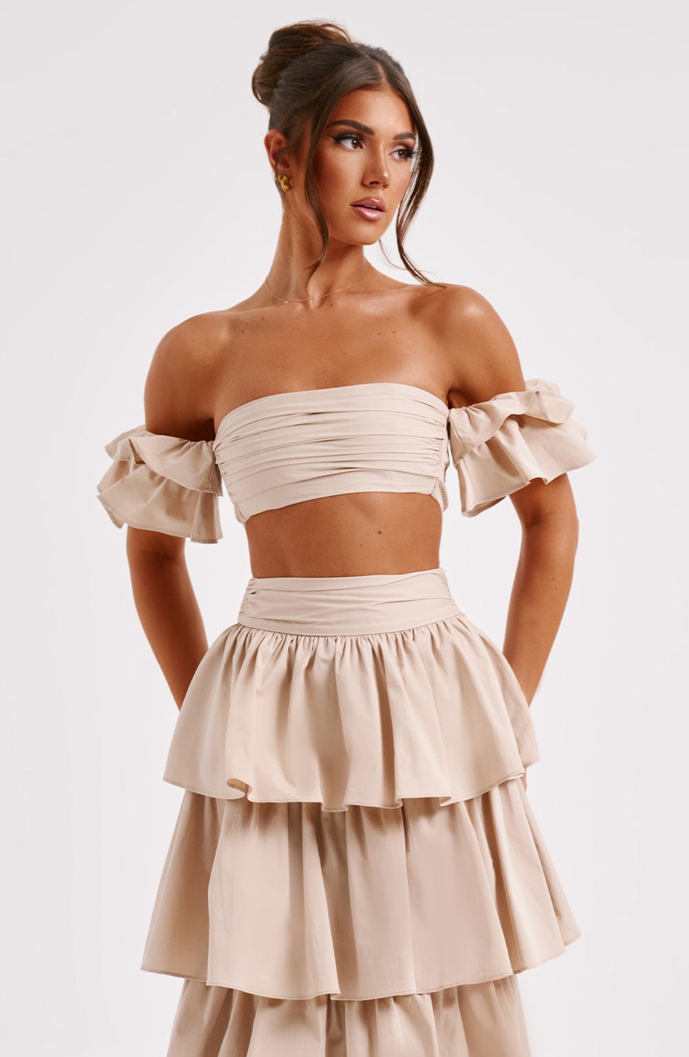 Beige Off Shoulder Ruffle Sleeve Cropped Cotton Top - Joy