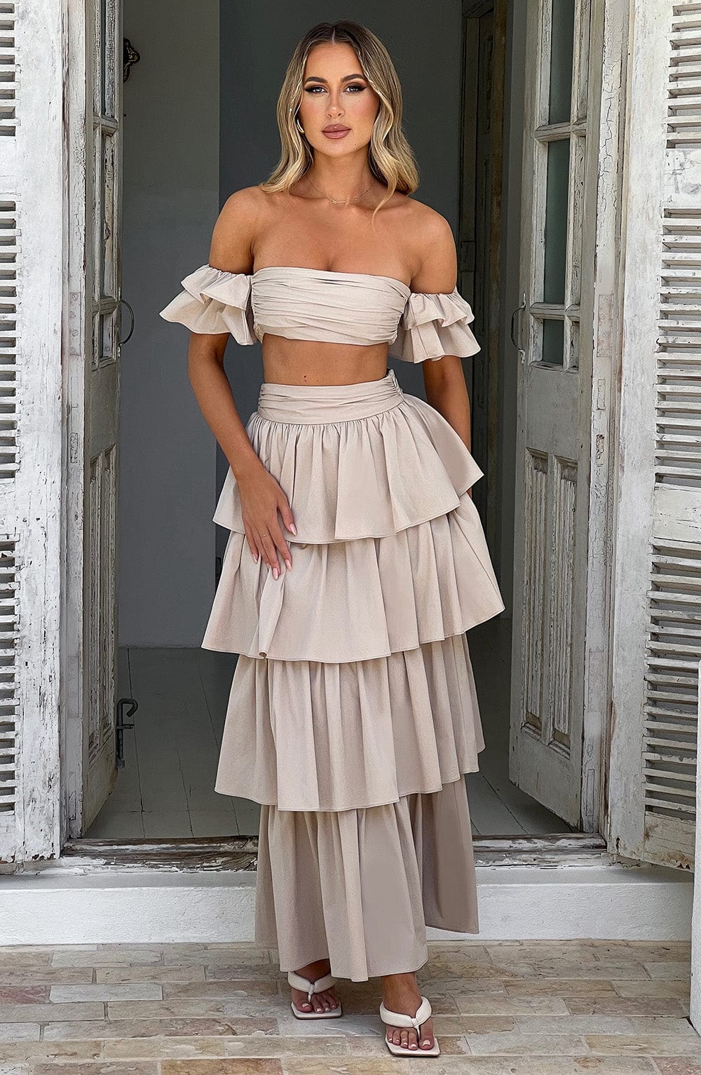 Beige Off Shoulder Ruffle Sleeve Cropped Cotton Top - Joy