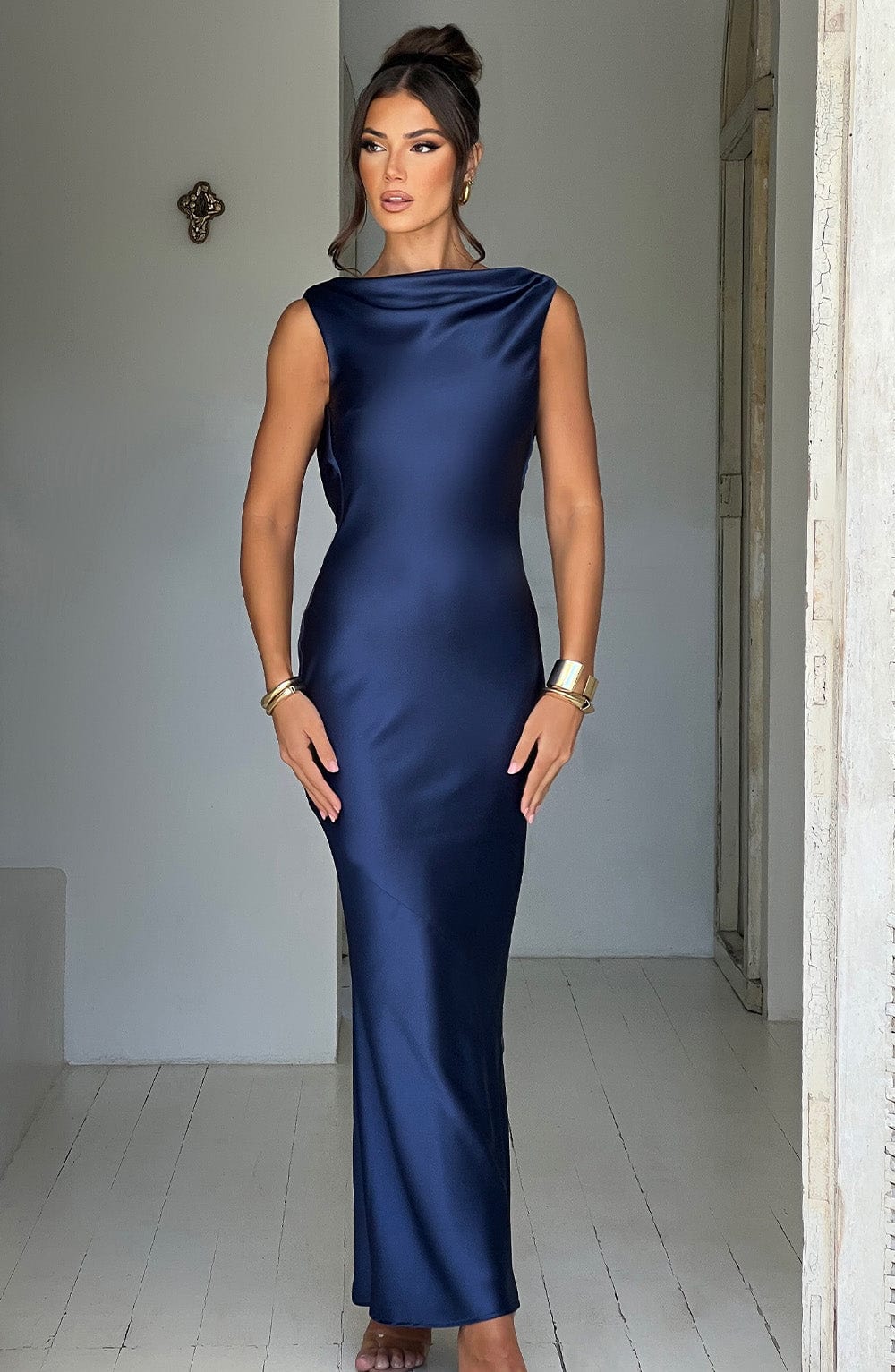Azuri Navy Satin Maxi Dress with Cut Out Back