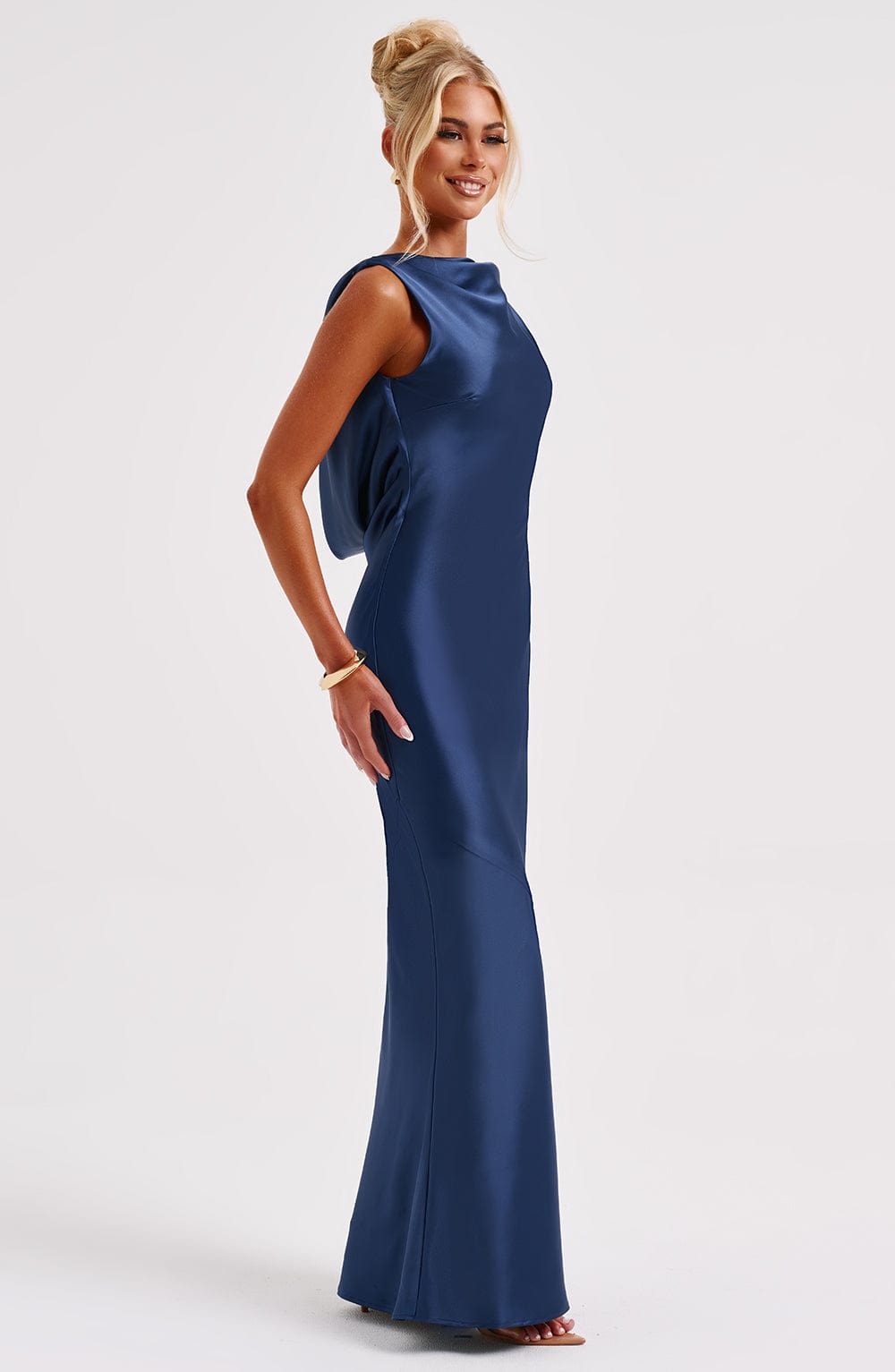 Azuri Navy Satin Maxi Dress with Cut Out Back