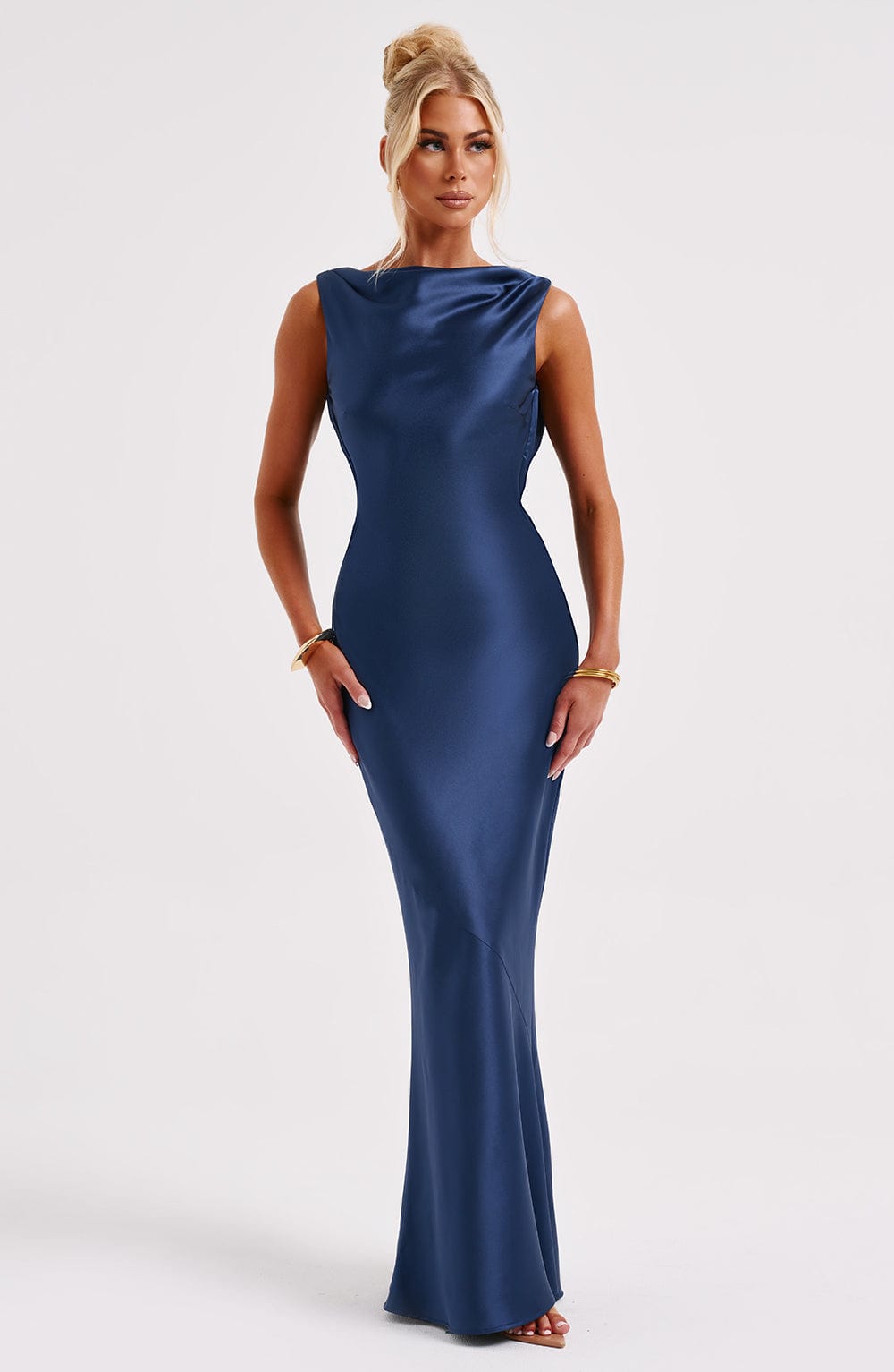 Azuri Navy Satin Maxi Dress with Cut Out Back