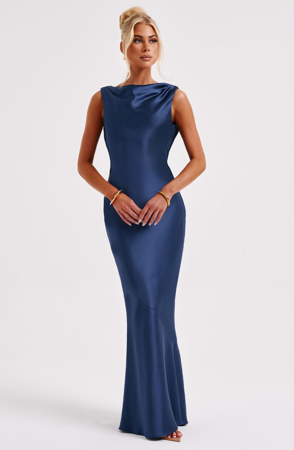 Azuri Navy Satin Maxi Dress with Cut Out Back