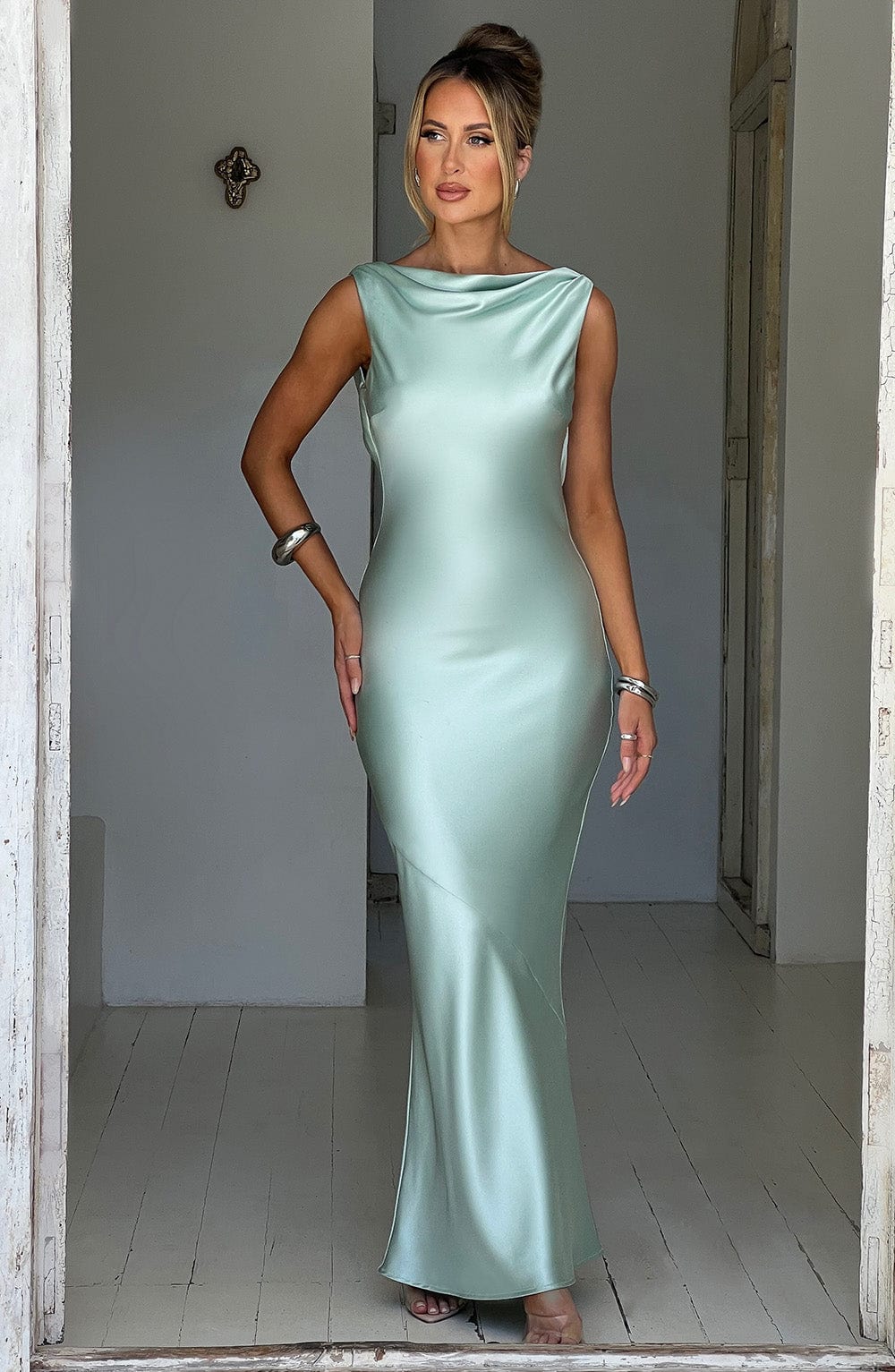 Turquoise Satin Maxi Dress with Cut Out Back - Azuri