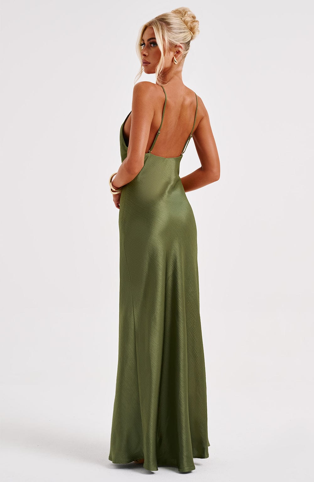 Anja Satin Maxi Dress with Plunge Neckline - Khaki