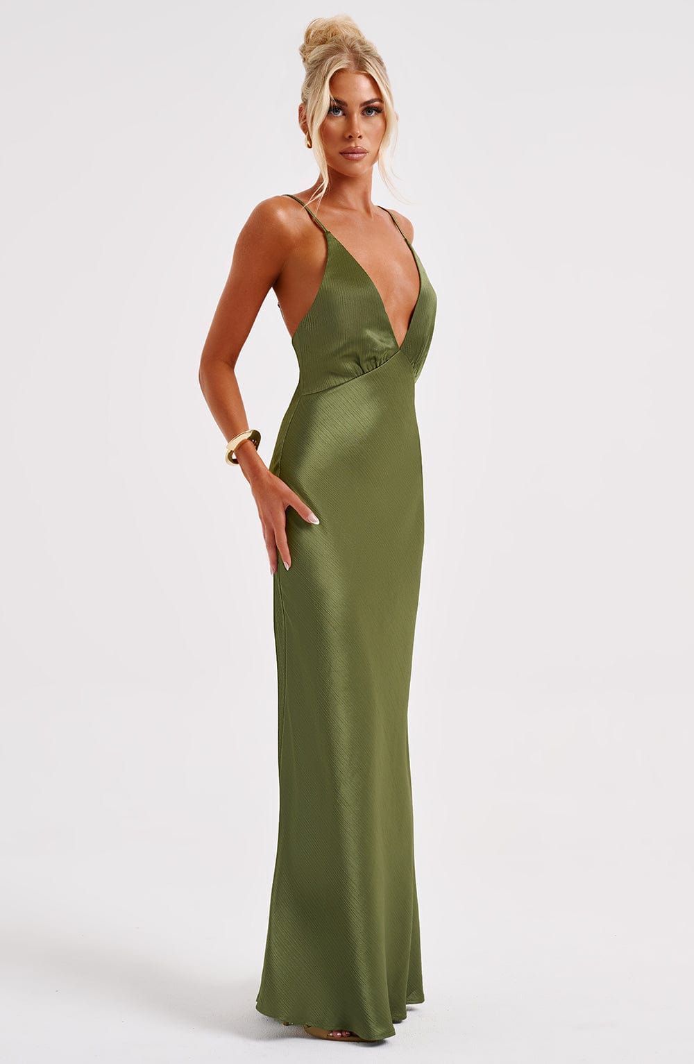 Anja Satin Maxi Dress with Plunge Neckline - Khaki