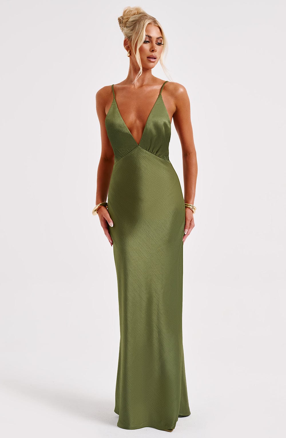 Anja Satin Maxi Dress with Plunge Neckline - Khaki