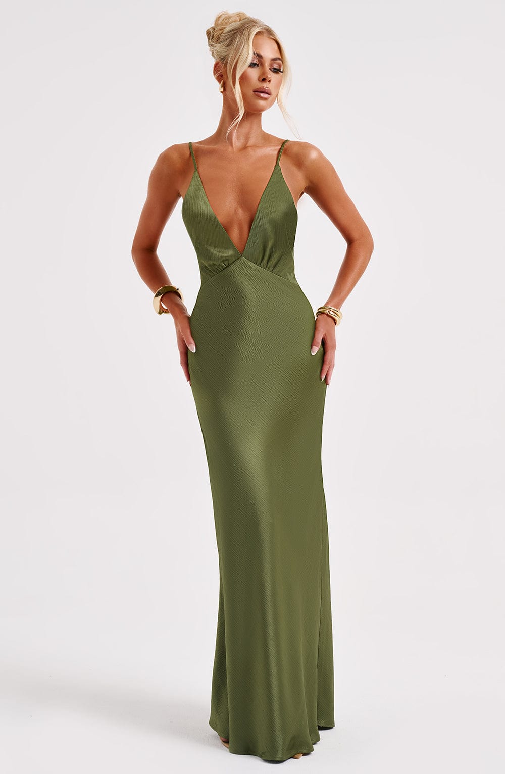 Anja Satin Maxi Dress with Plunge Neckline - Khaki
