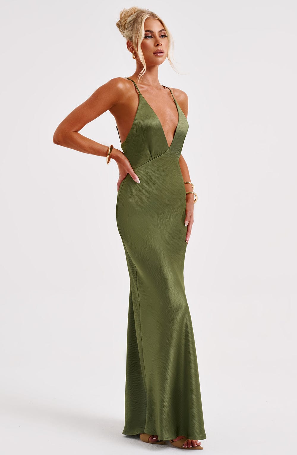 Anja Satin Maxi Dress with Plunge Neckline - Khaki