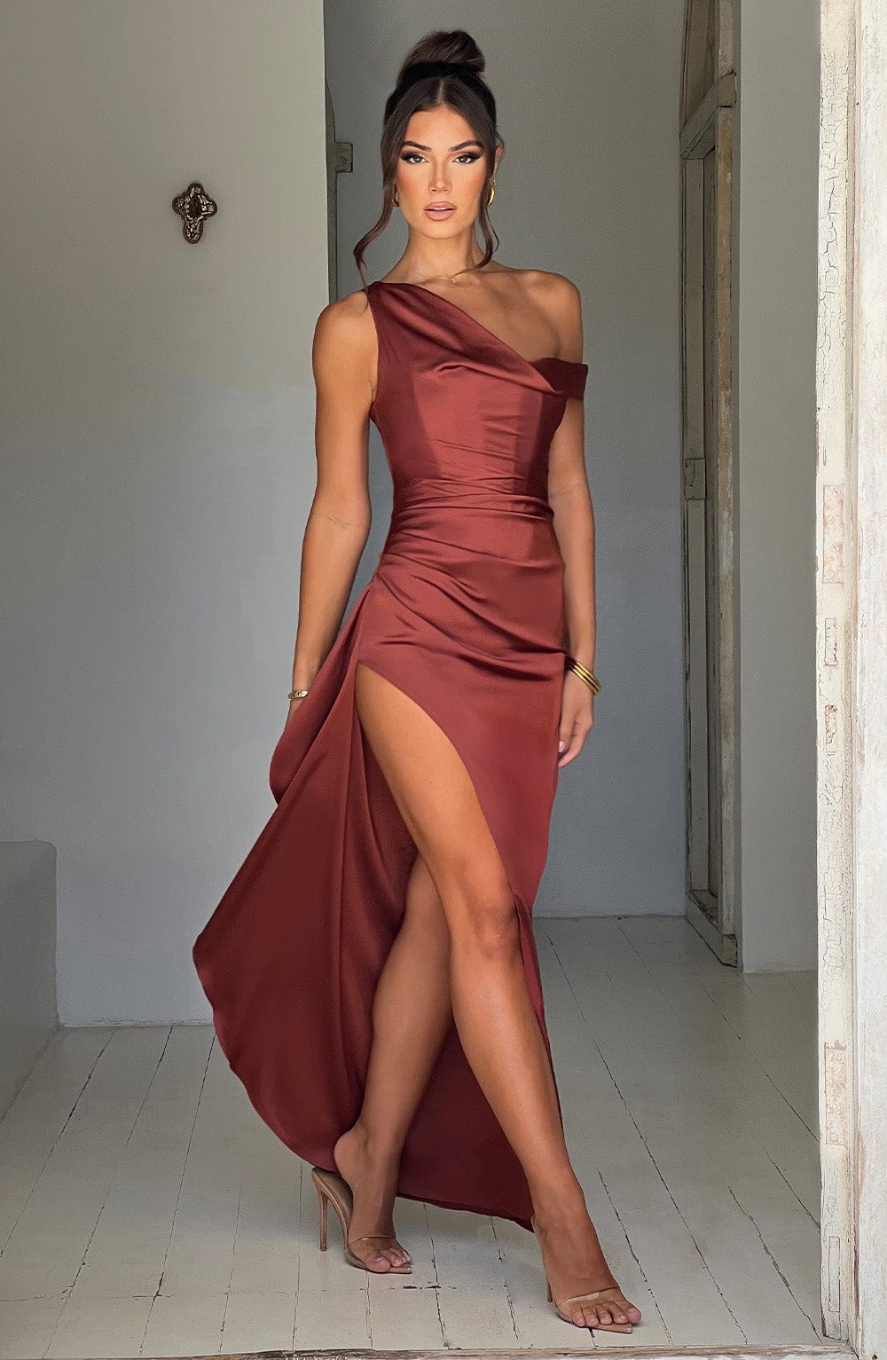Juliene Satin Maxi Dress with Corset - Rust