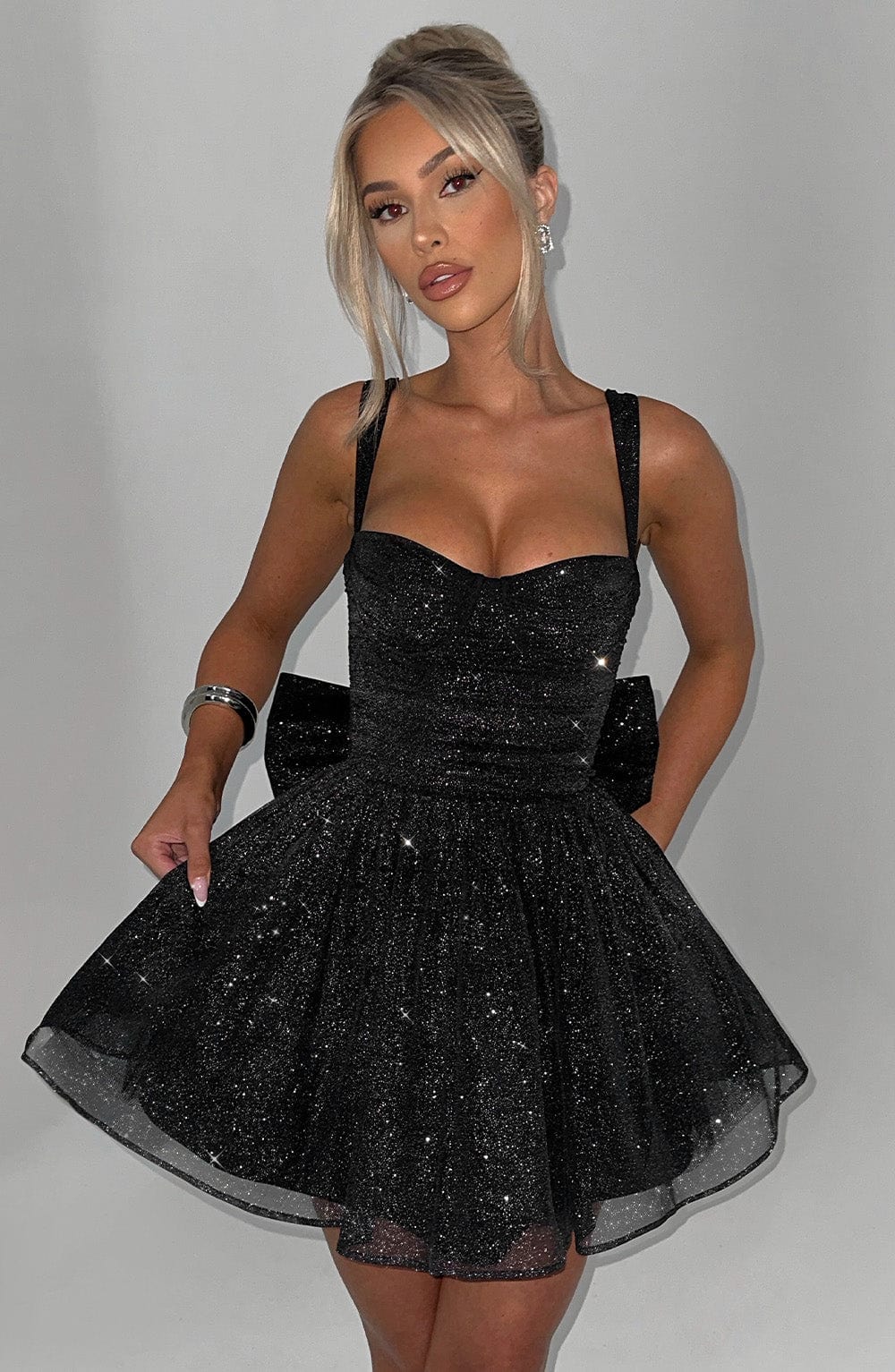 Black Sparkle Polly Mini Dress with Detachable Bow & Underwire Support