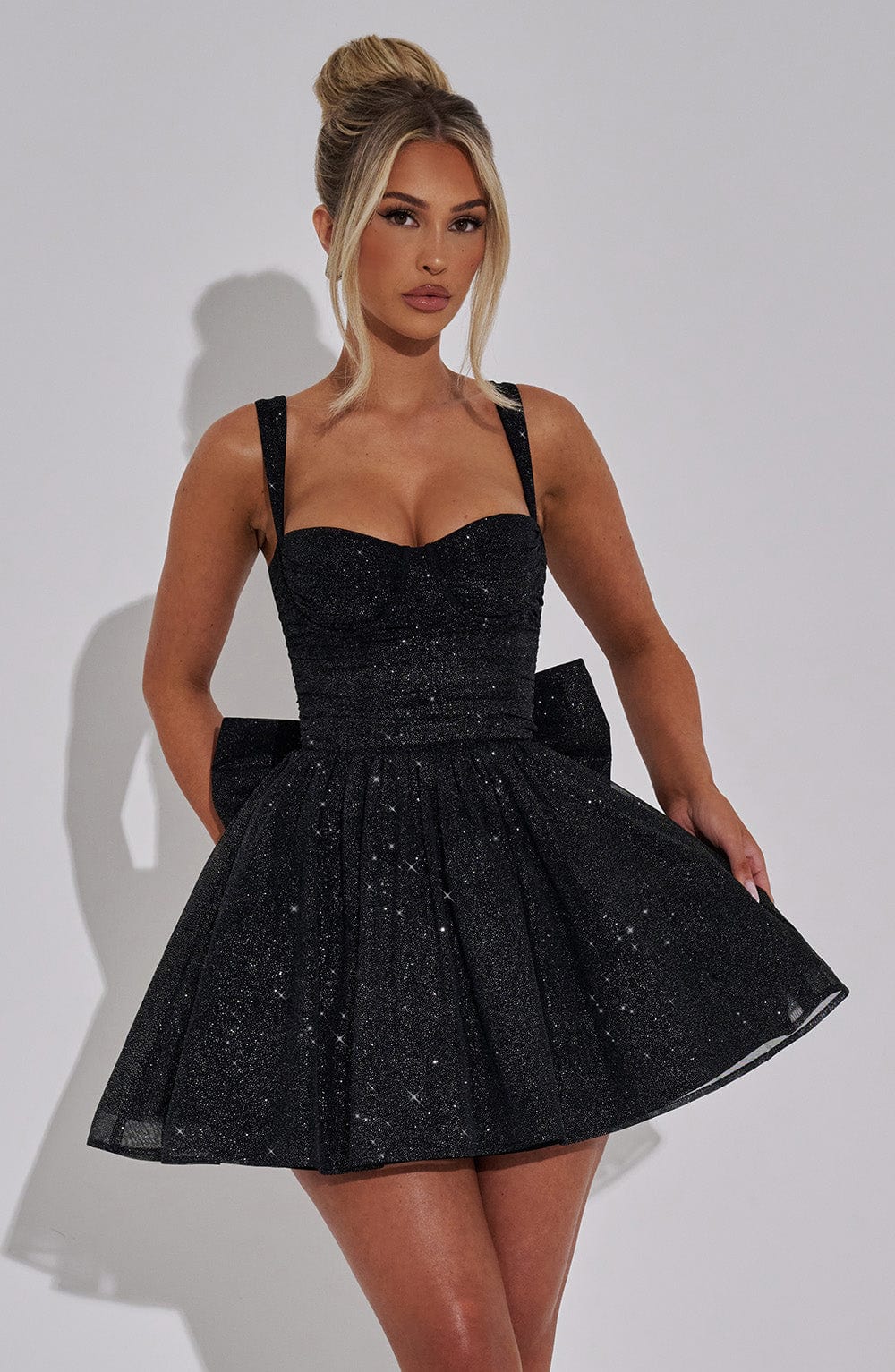 Black Sparkle Polly Mini Dress with Detachable Bow & Underwire Support