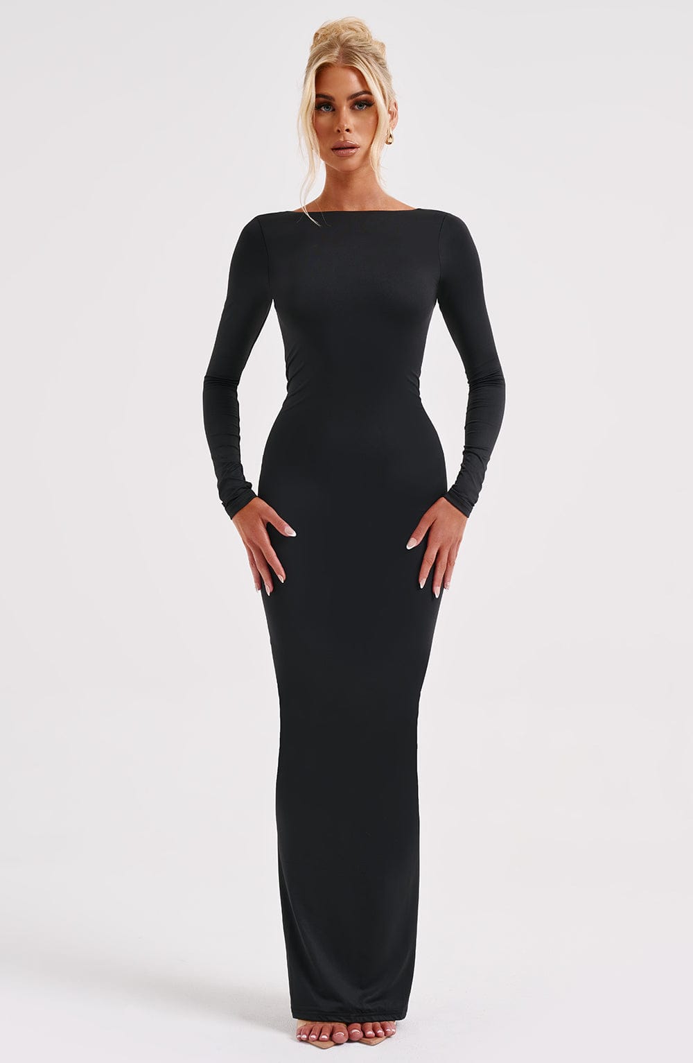 Rameesha Black Maxi Dress with Plunge Back & Ruched Detail