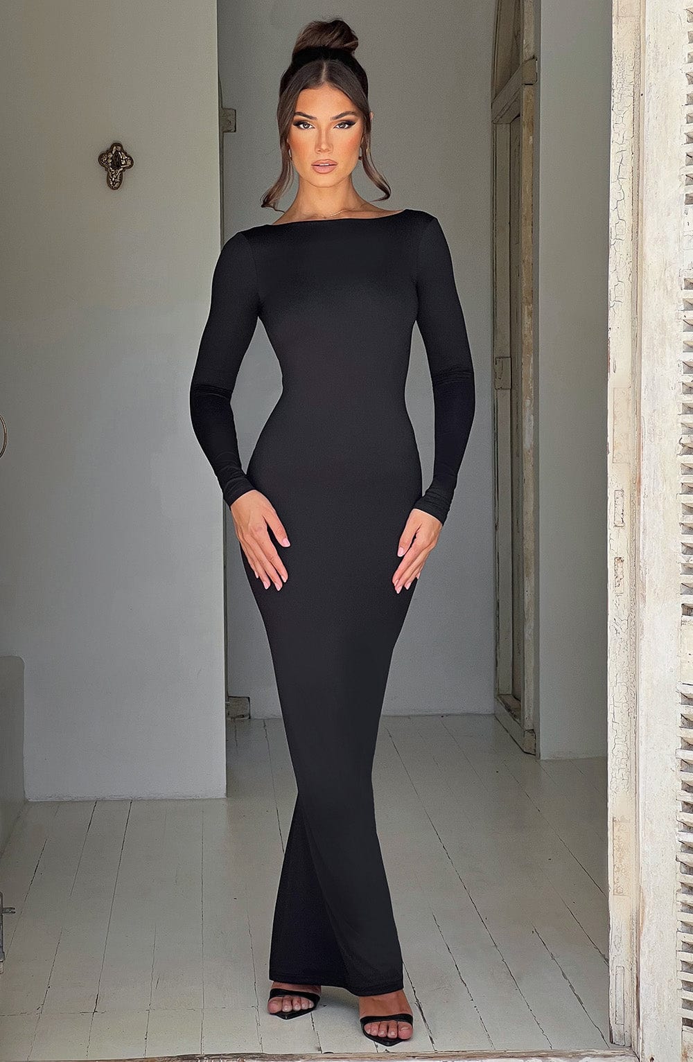 Rameesha Black Maxi Dress with Plunge Back & Ruched Detail