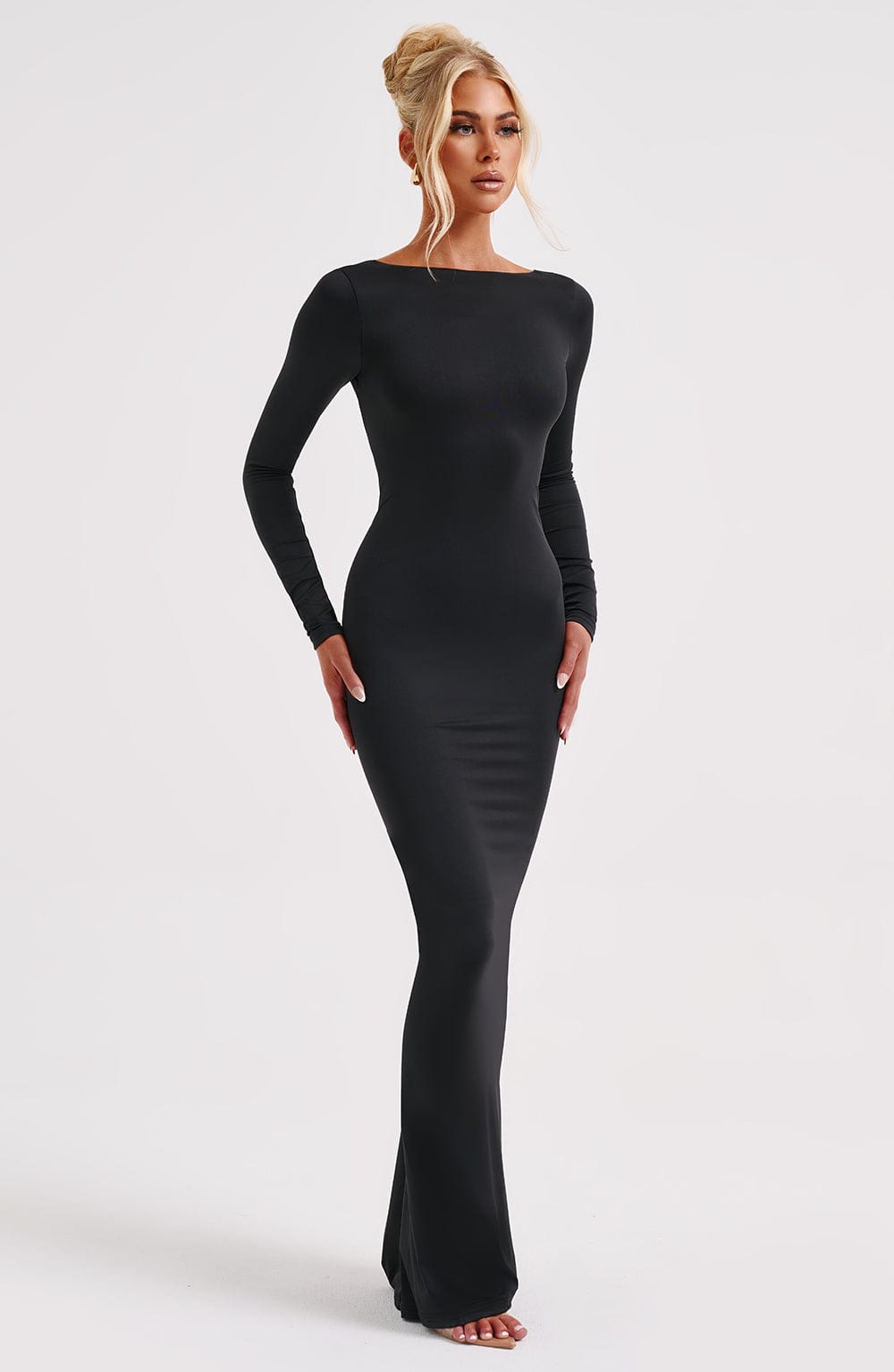 Rameesha Black Maxi Dress with Plunge Back & Ruched Detail