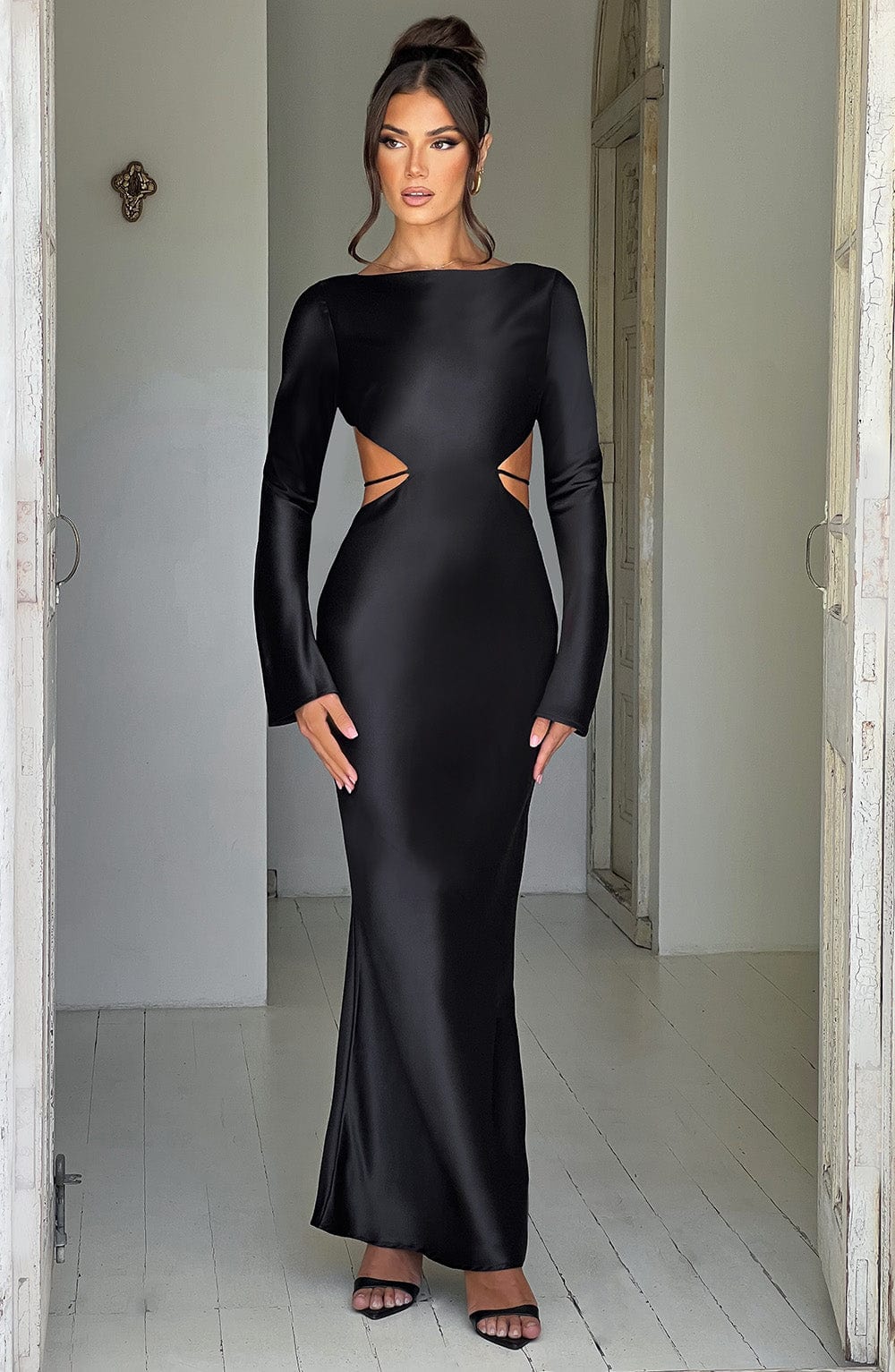 Rafi Black Satin Maxi Dress with Low Back Tie Detail