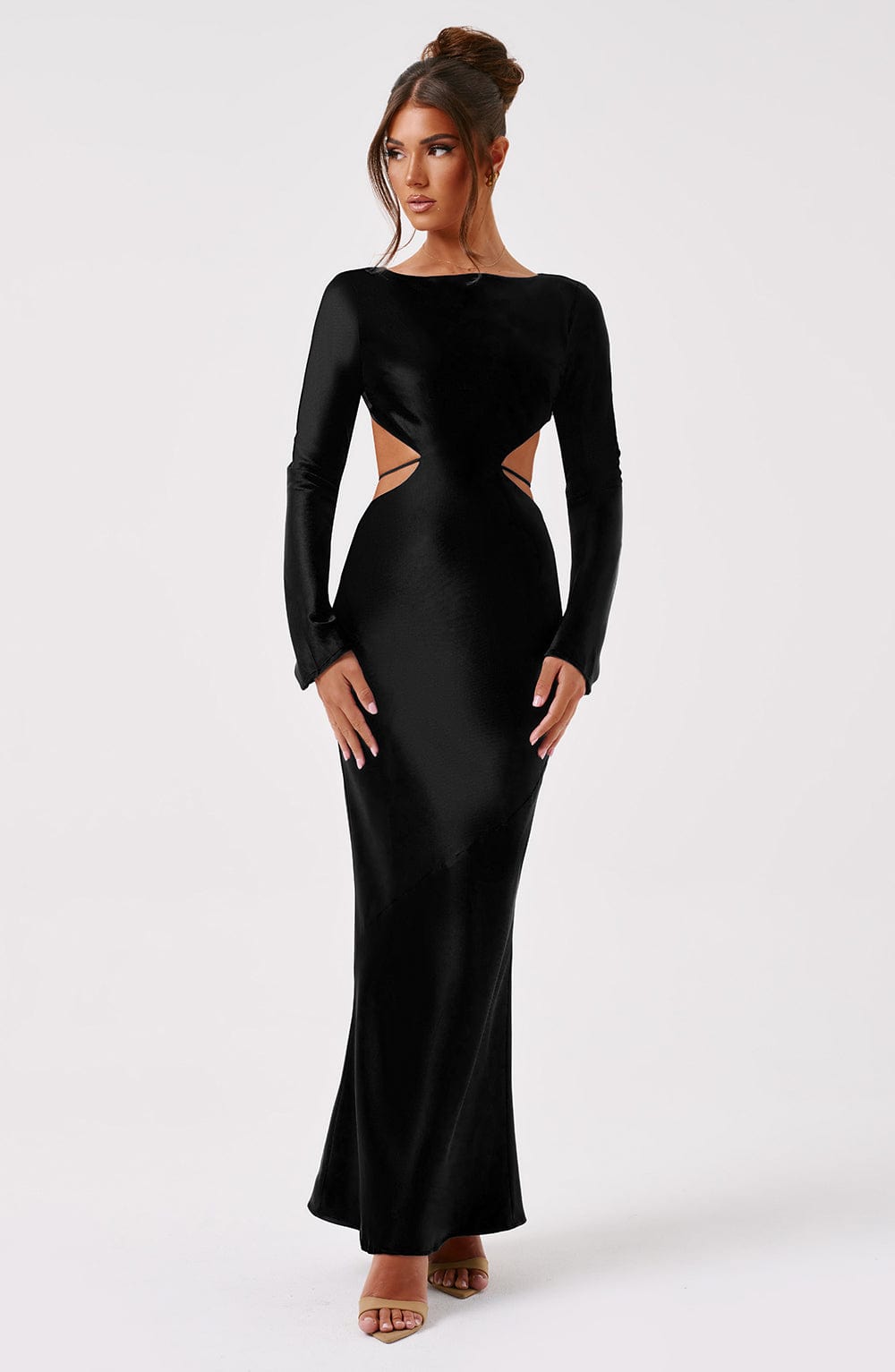 Rafi Black Satin Maxi Dress with Low Back Tie Detail