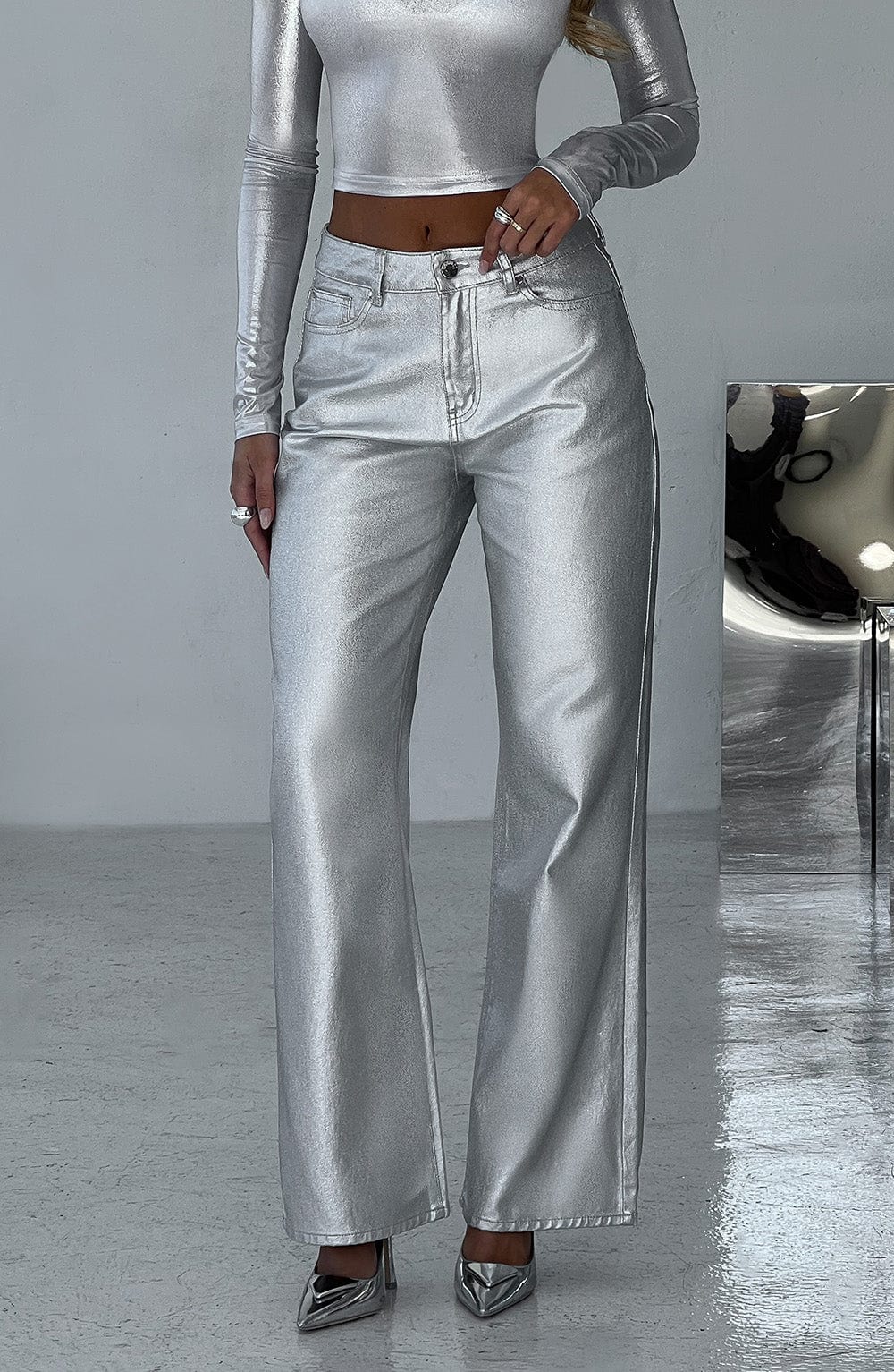 Silver Metallic Wide Leg Jeans - Cassidy Relaxed Fit Pants