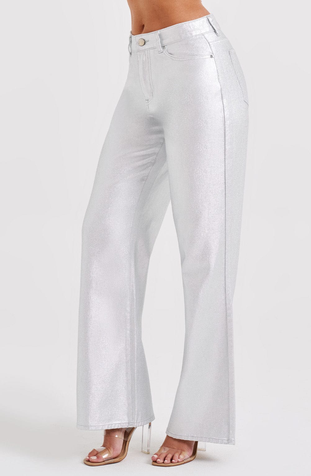 Silver Metallic Wide Leg Jeans - Cassidy Relaxed Fit Pants