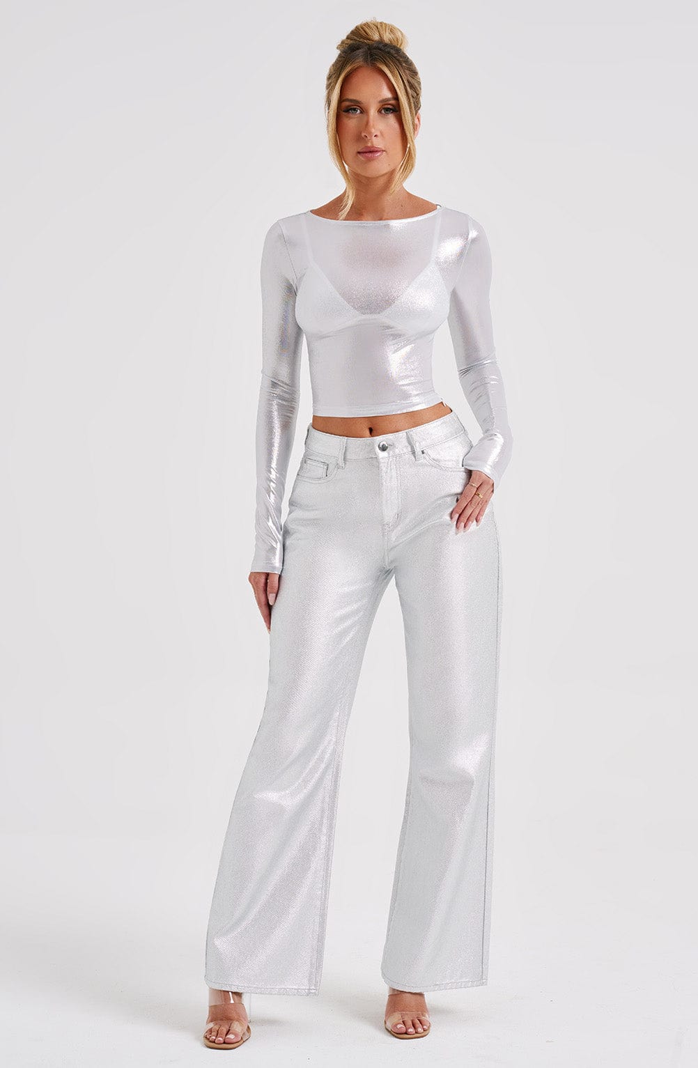 Silver Metallic Wide Leg Jeans - Cassidy Relaxed Fit Pants