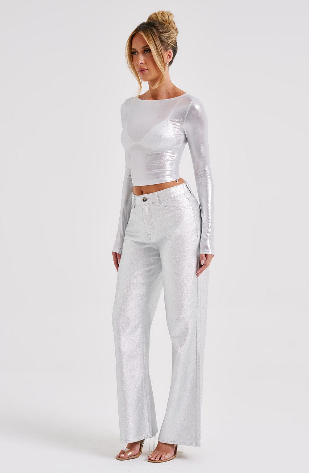 Silver Metallic Wide Leg Jeans - Cassidy Relaxed Fit Pants