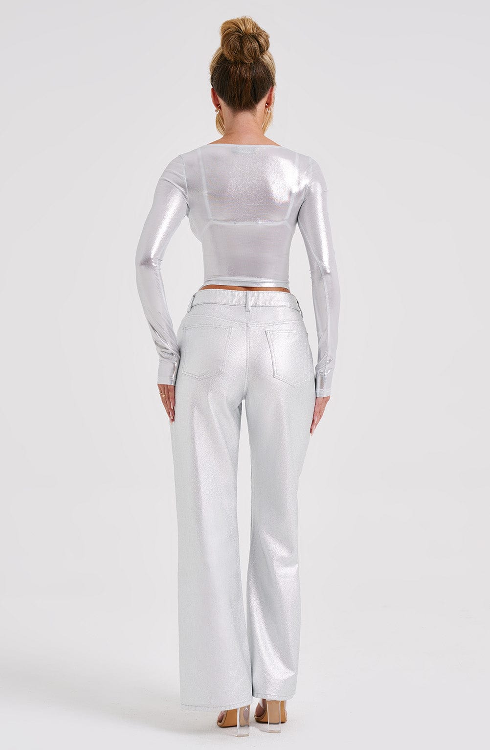 Silver Metallic Wide Leg Jeans - Cassidy Relaxed Fit Pants