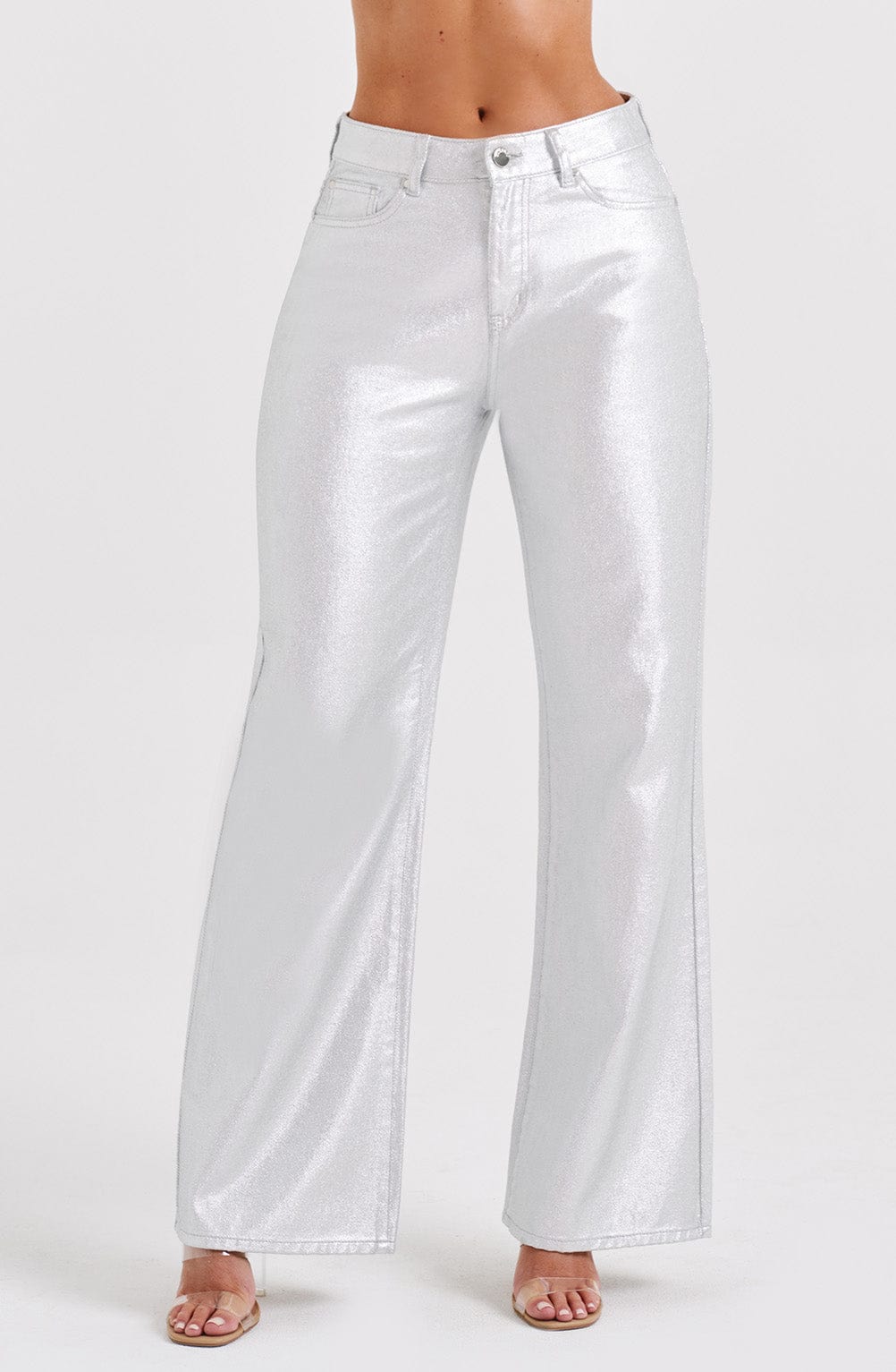 Silver Metallic Wide Leg Jeans - Cassidy Relaxed Fit Pants