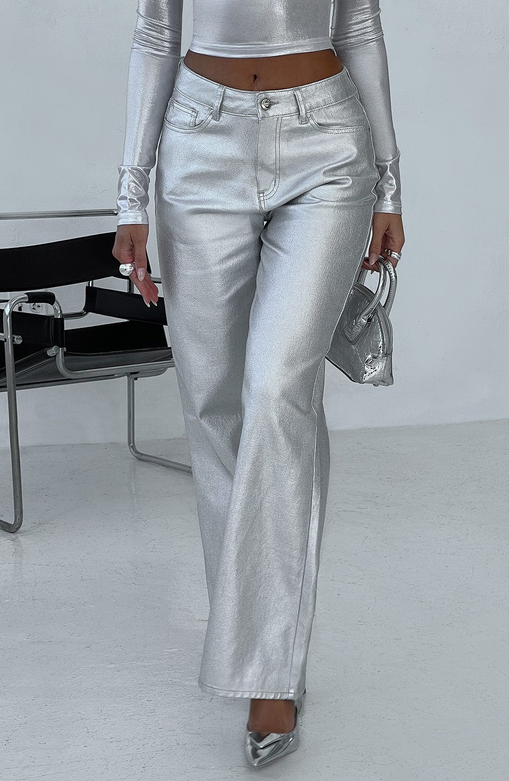 Silver Metallic Wide Leg Jeans - Cassidy Relaxed Fit Pants