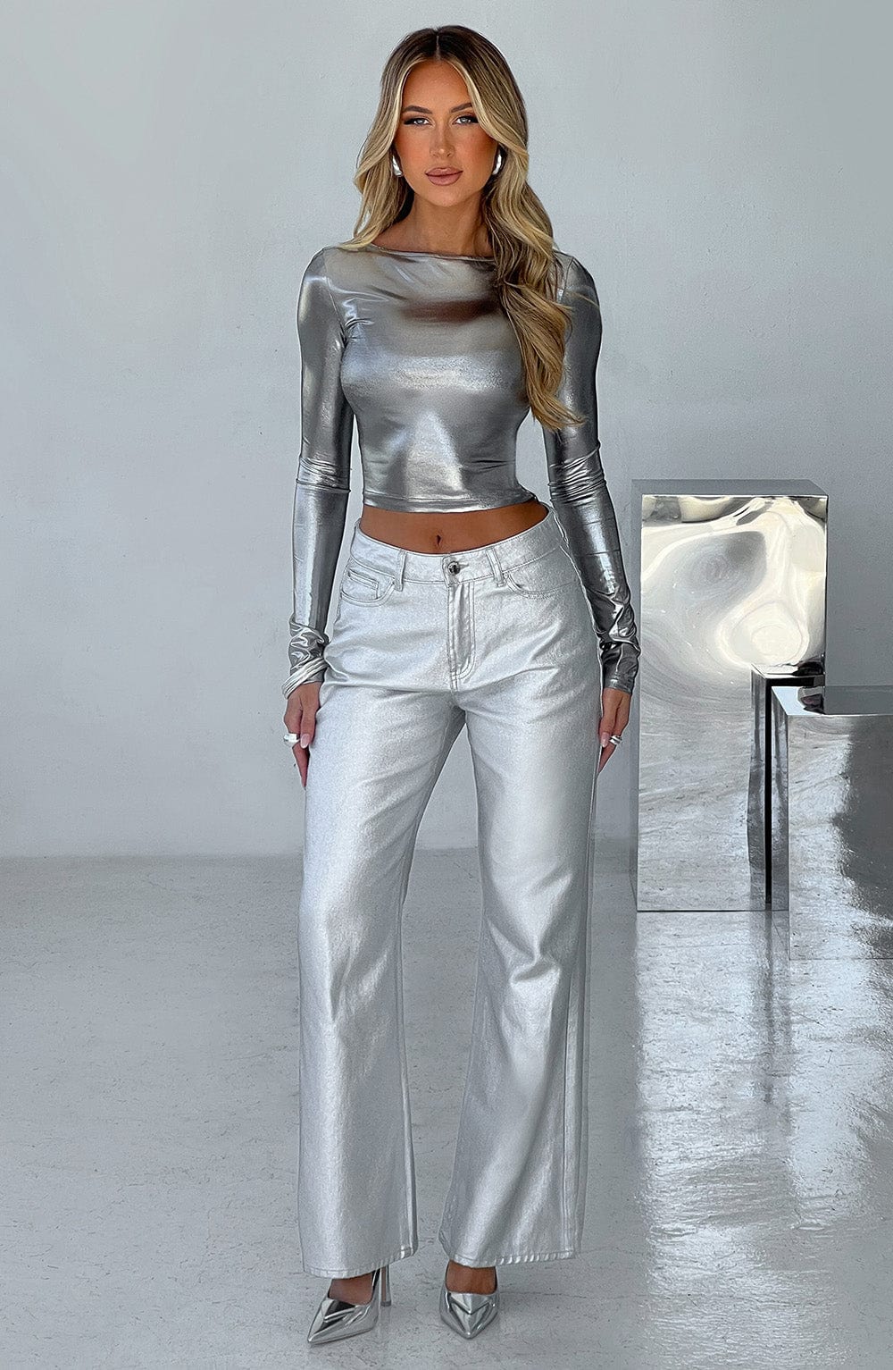 Silver Metallic Wide Leg Jeans - Cassidy Relaxed Fit Pants