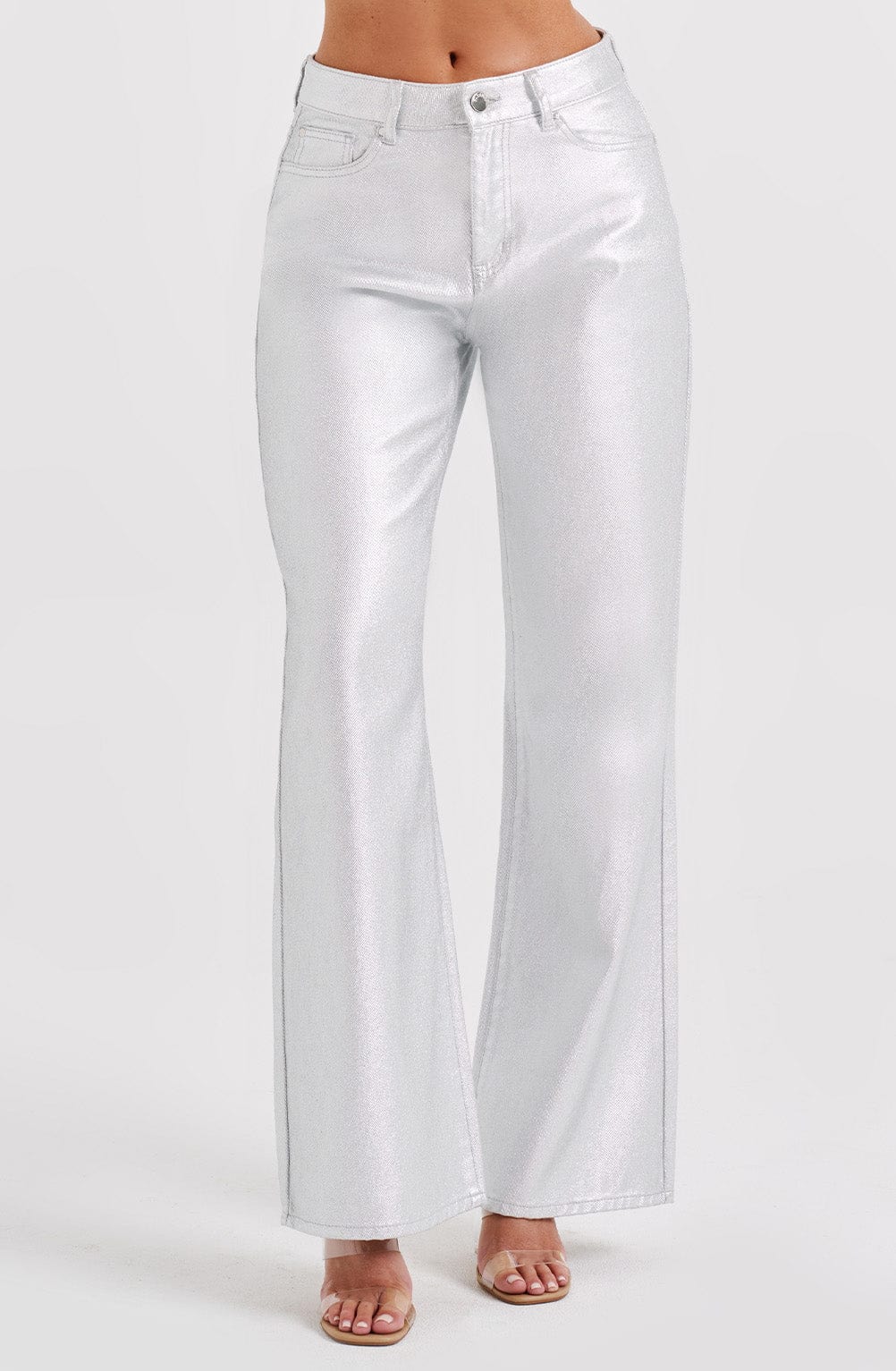 Silver Metallic Wide Leg Jeans - Cassidy Relaxed Fit Pants