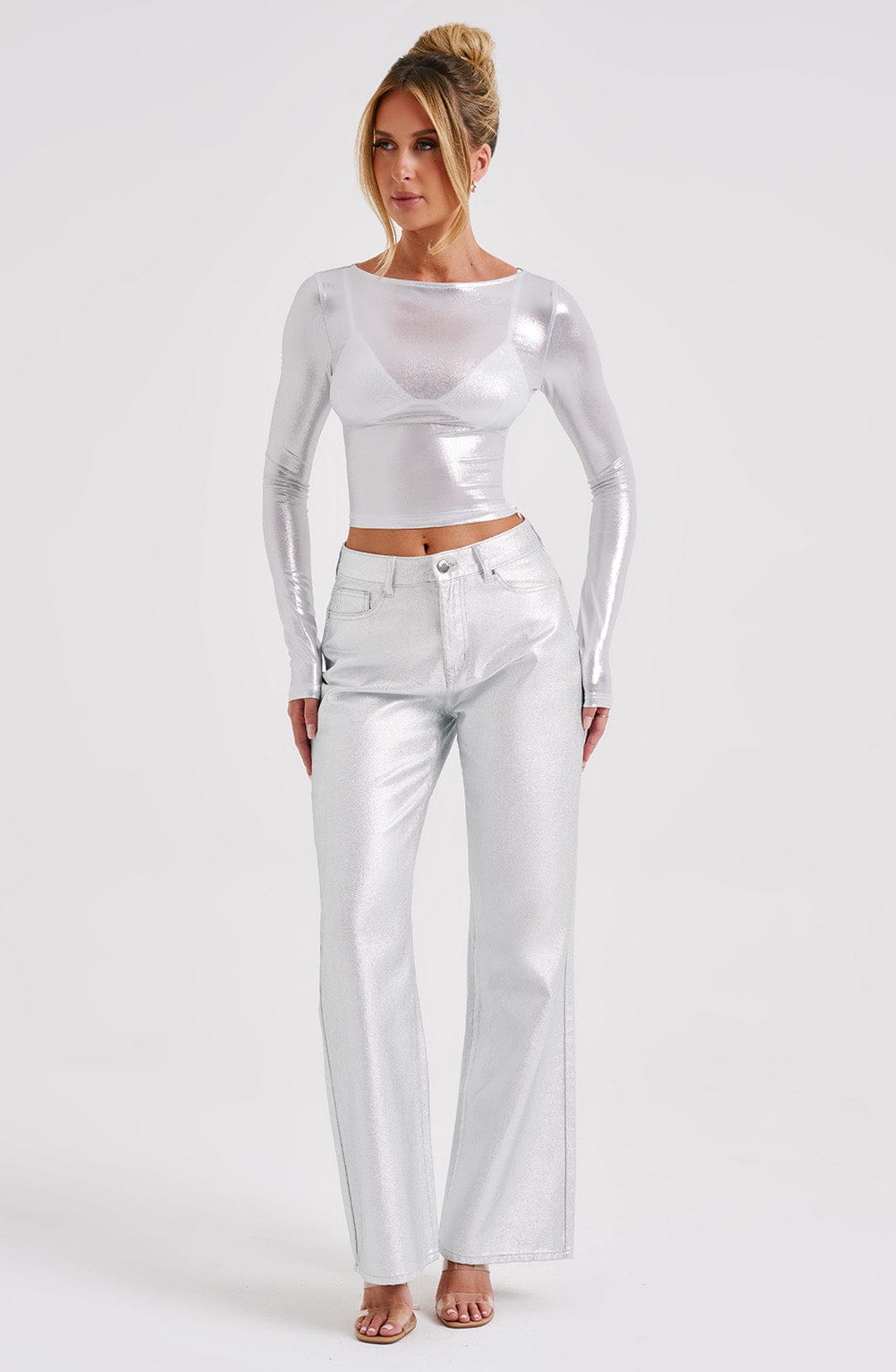 Silver Metallic Wide Leg Jeans - Cassidy Relaxed Fit Pants