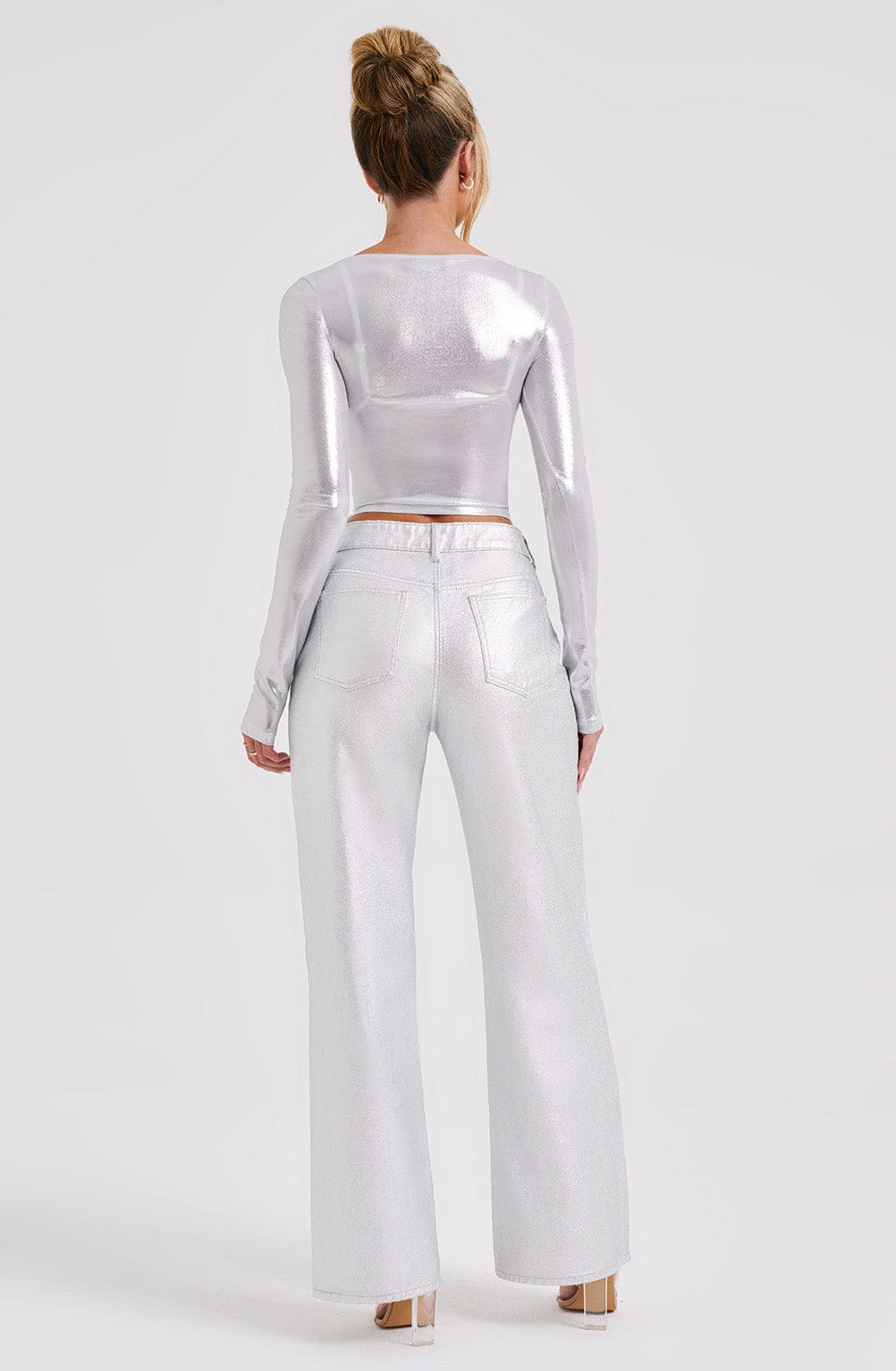 Silver Metallic Wide Leg Jeans - Cassidy Relaxed Fit Pants