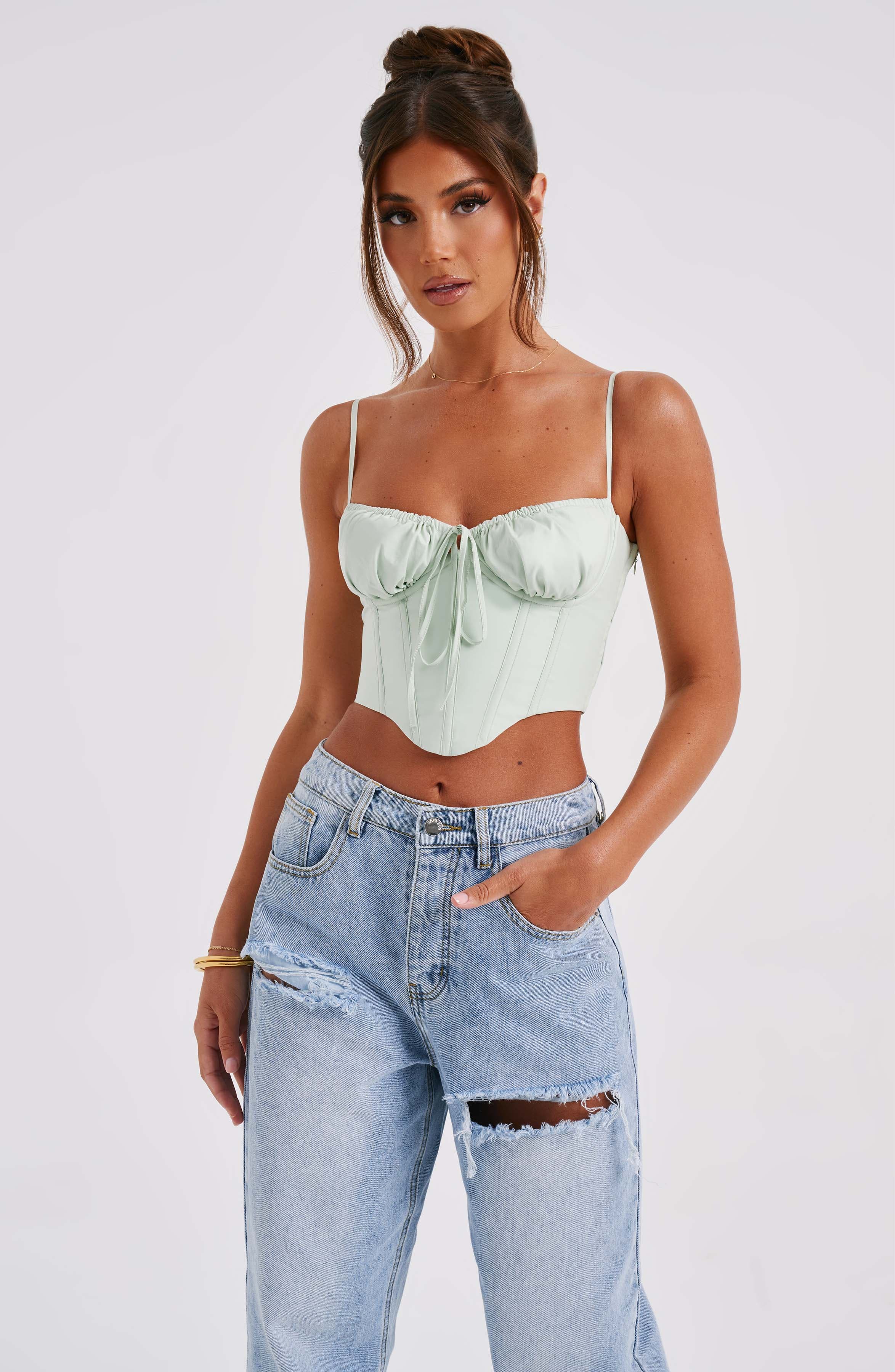 Clara Cotton Corset Top with Boning in Sage Green