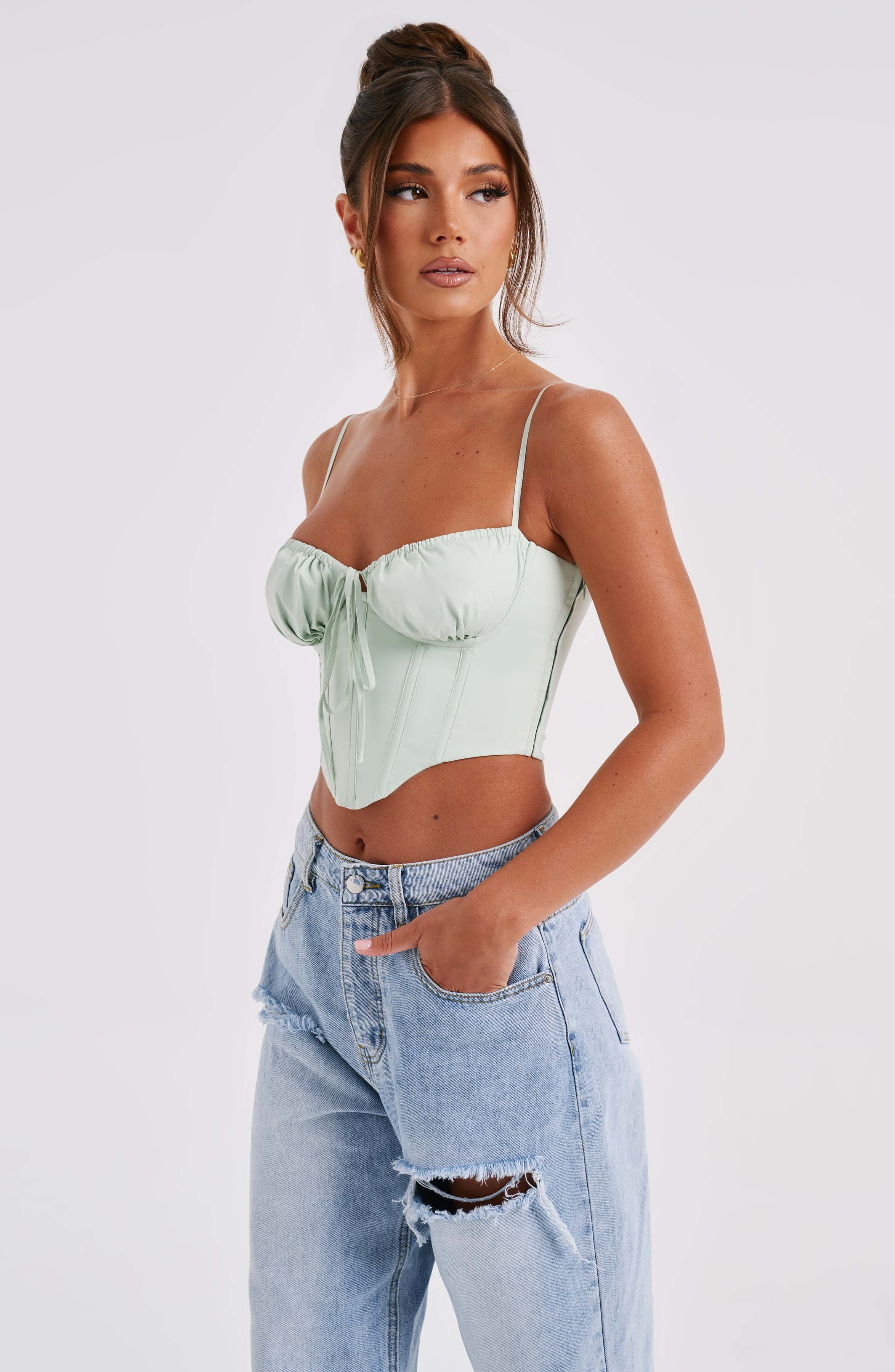Clara Cotton Corset Top with Boning in Sage Green