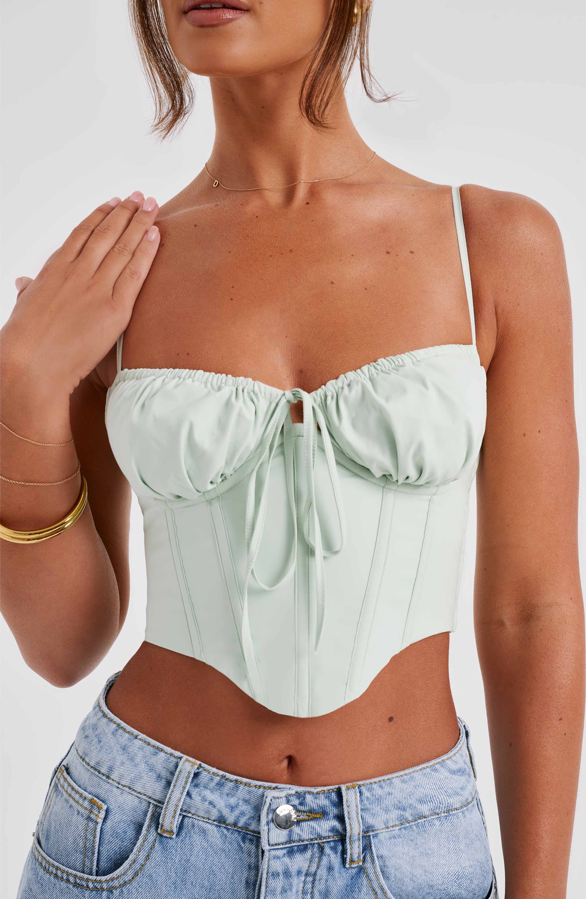 Clara Cotton Corset Top with Boning in Sage Green