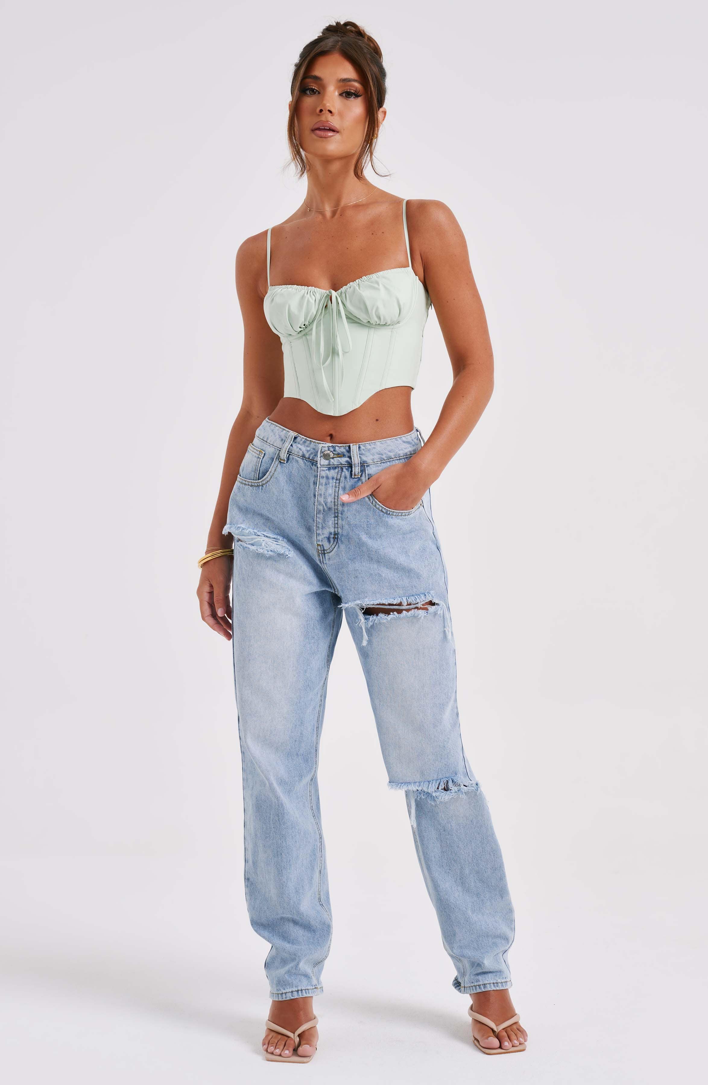 Clara Cotton Corset Top with Boning in Sage Green