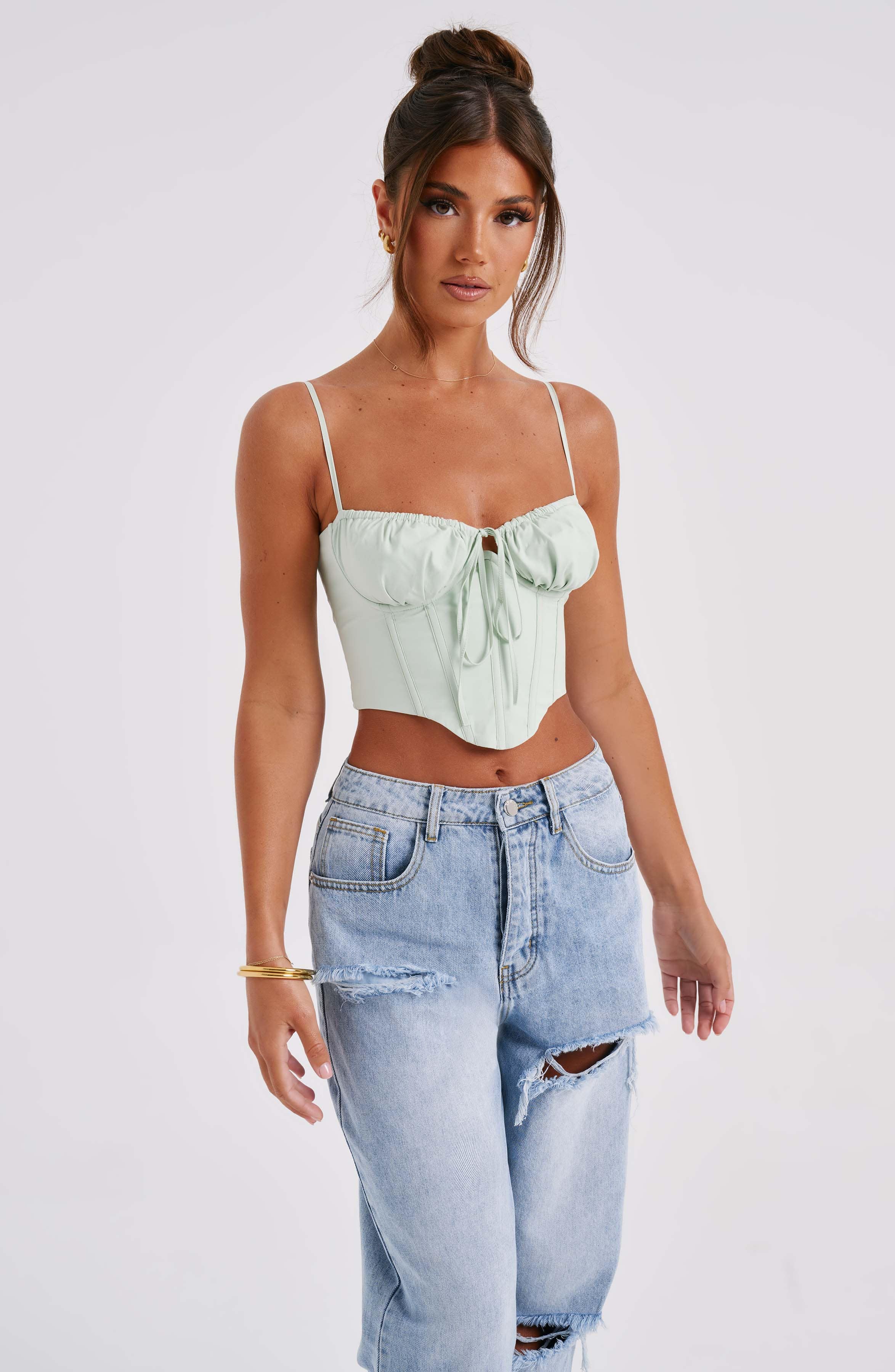 Clara Cotton Corset Top with Boning in Sage Green