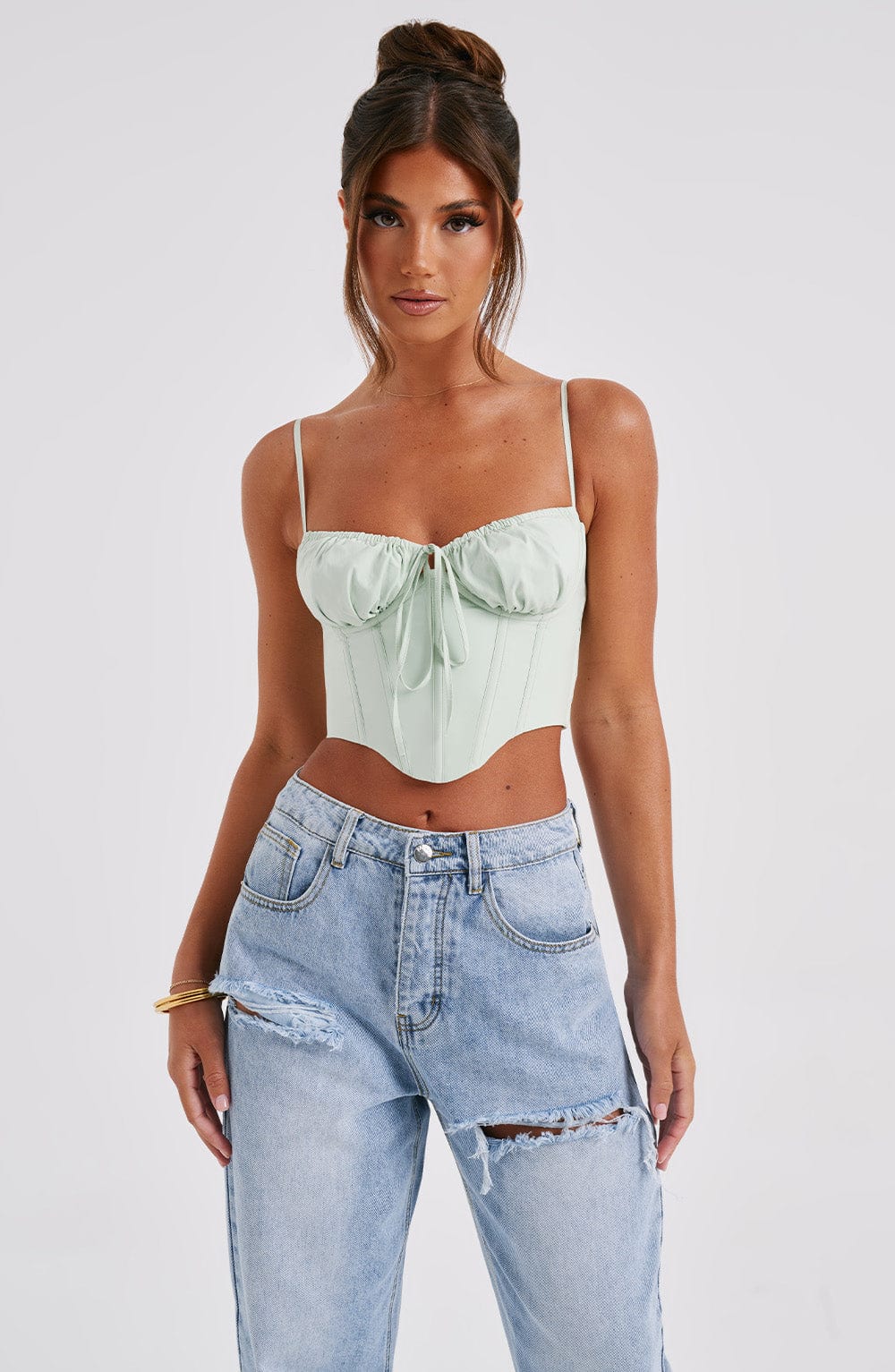 Clara Cotton Corset Top with Boning in Sage Green