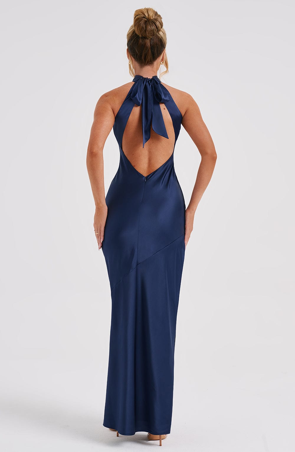 Etta Navy Backless Satin Maxi Dress with Tie Neck
