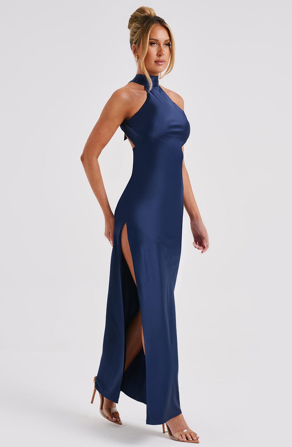 Etta Navy Backless Satin Maxi Dress with Tie Neck