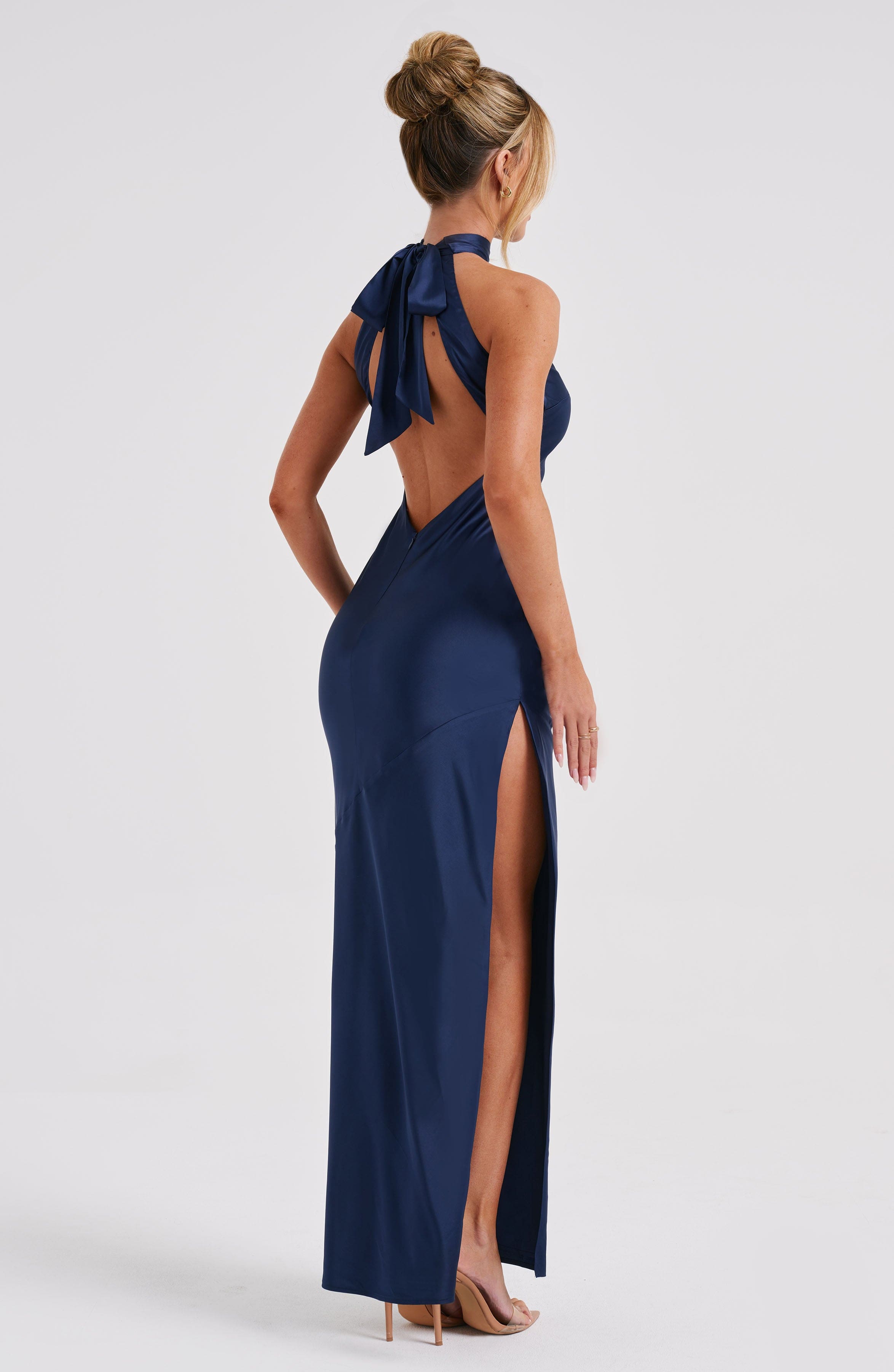 Etta Navy Backless Satin Maxi Dress with Tie Neck
