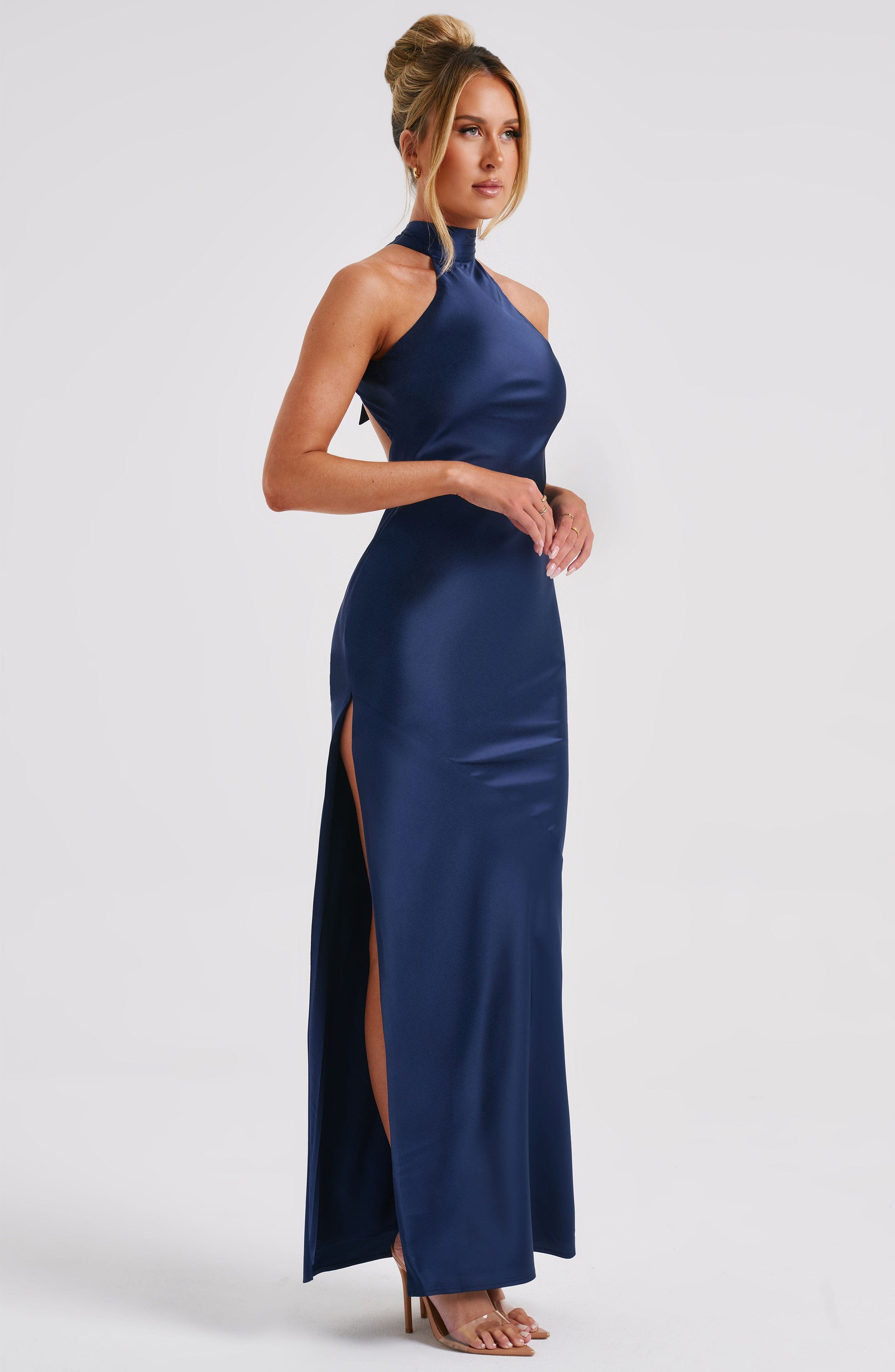 Etta Navy Backless Satin Maxi Dress with Tie Neck