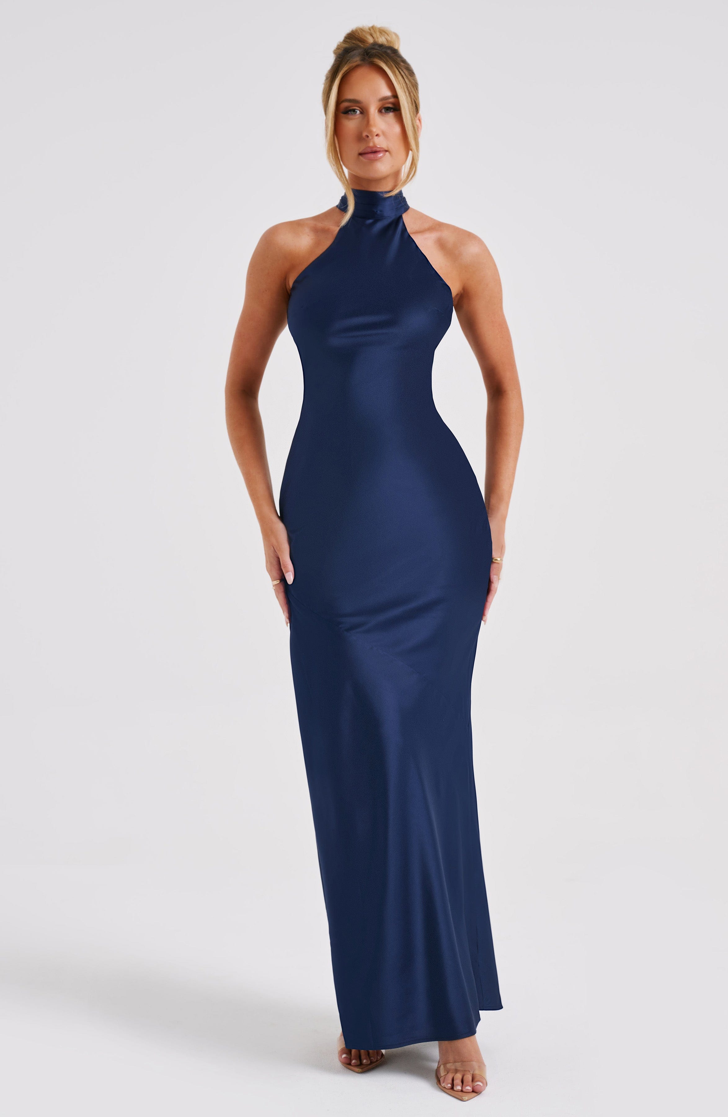 Etta Navy Backless Satin Maxi Dress with Tie Neck