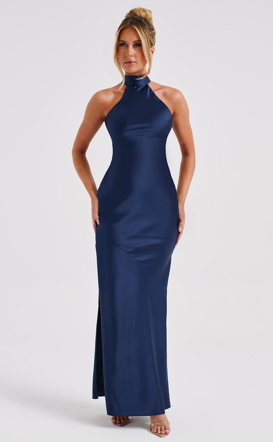 Etta Navy Backless Satin Maxi Dress with Tie Neck