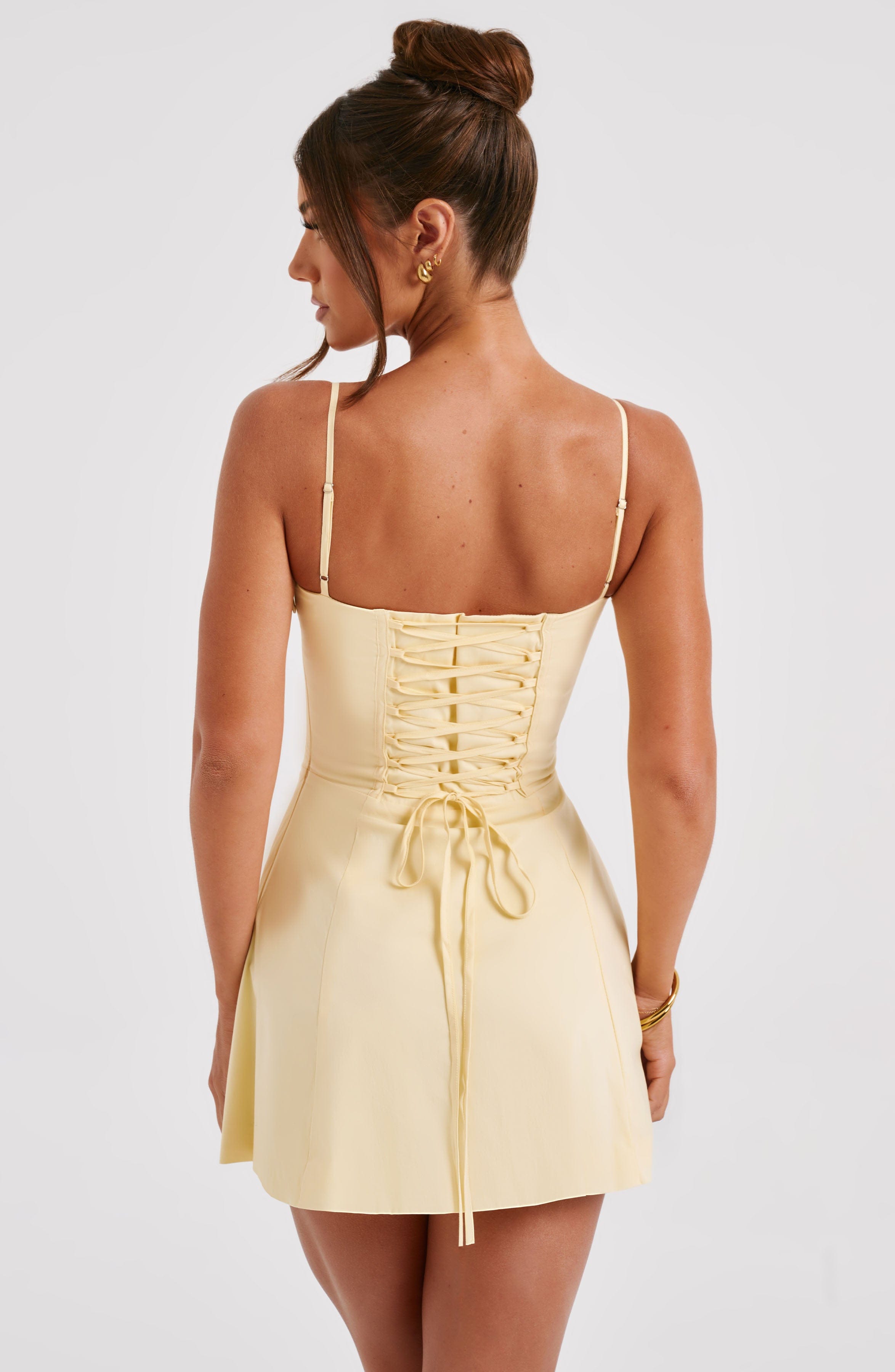 Lemon Lacey Mini Dress with Corset Bodice & Bow Detail