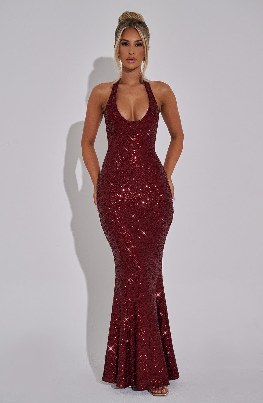 Wine Sequin Maxi Dress with Halterneck & Mermaid Skirt | Odette