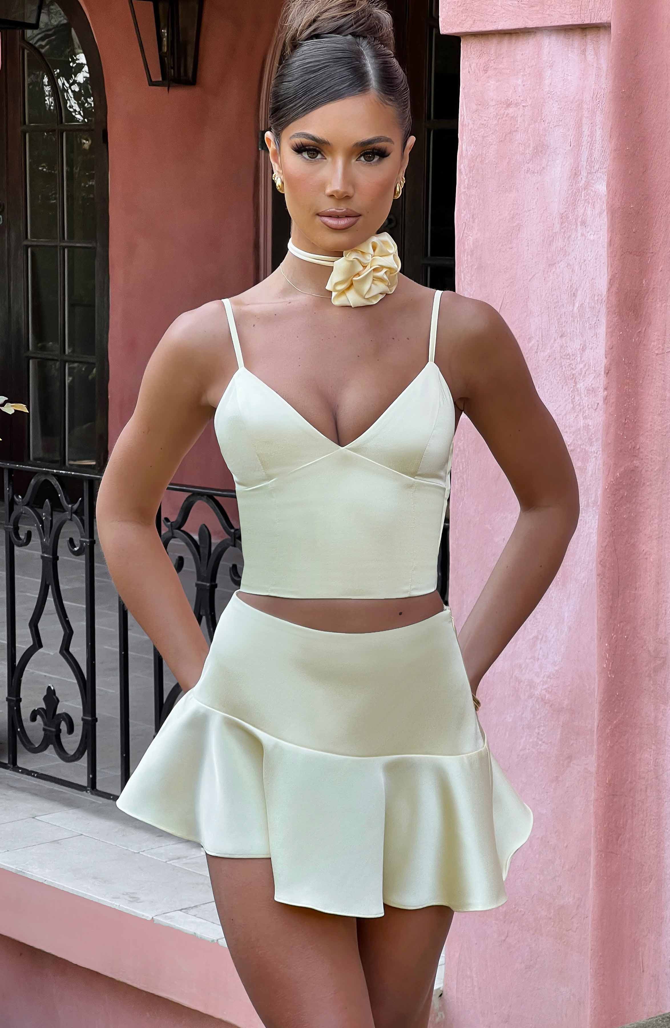 Lemon Satin Mini Skirt with Asymmetric Frill - Louisa
