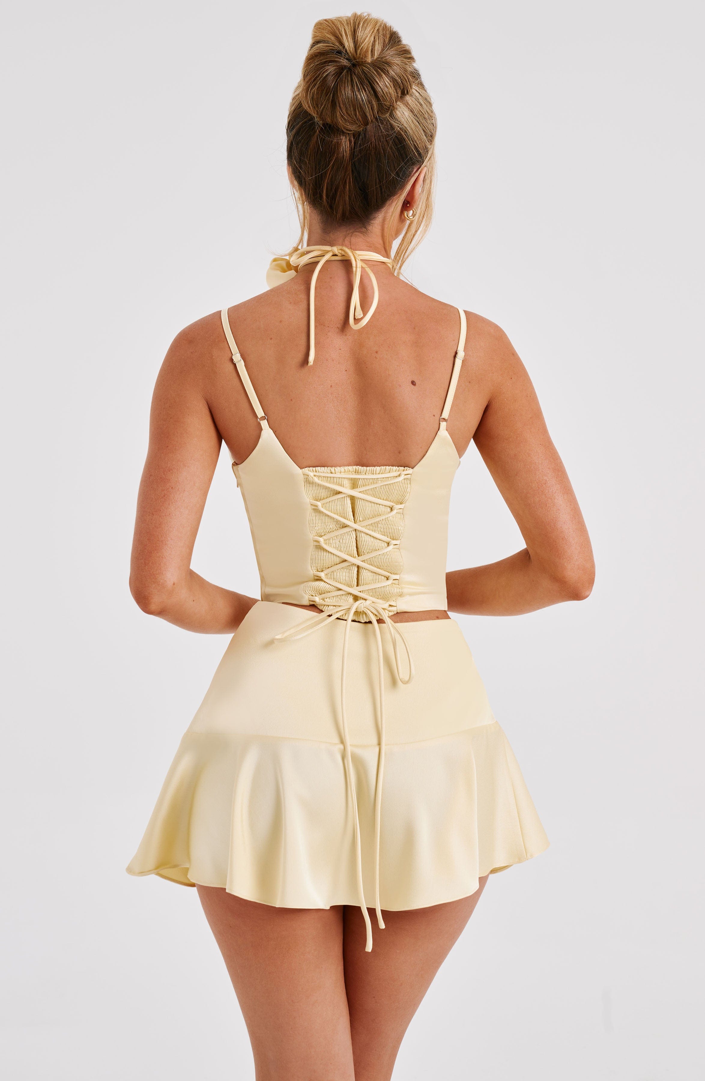 Lemon Satin Mini Skirt with Asymmetric Frill - Louisa