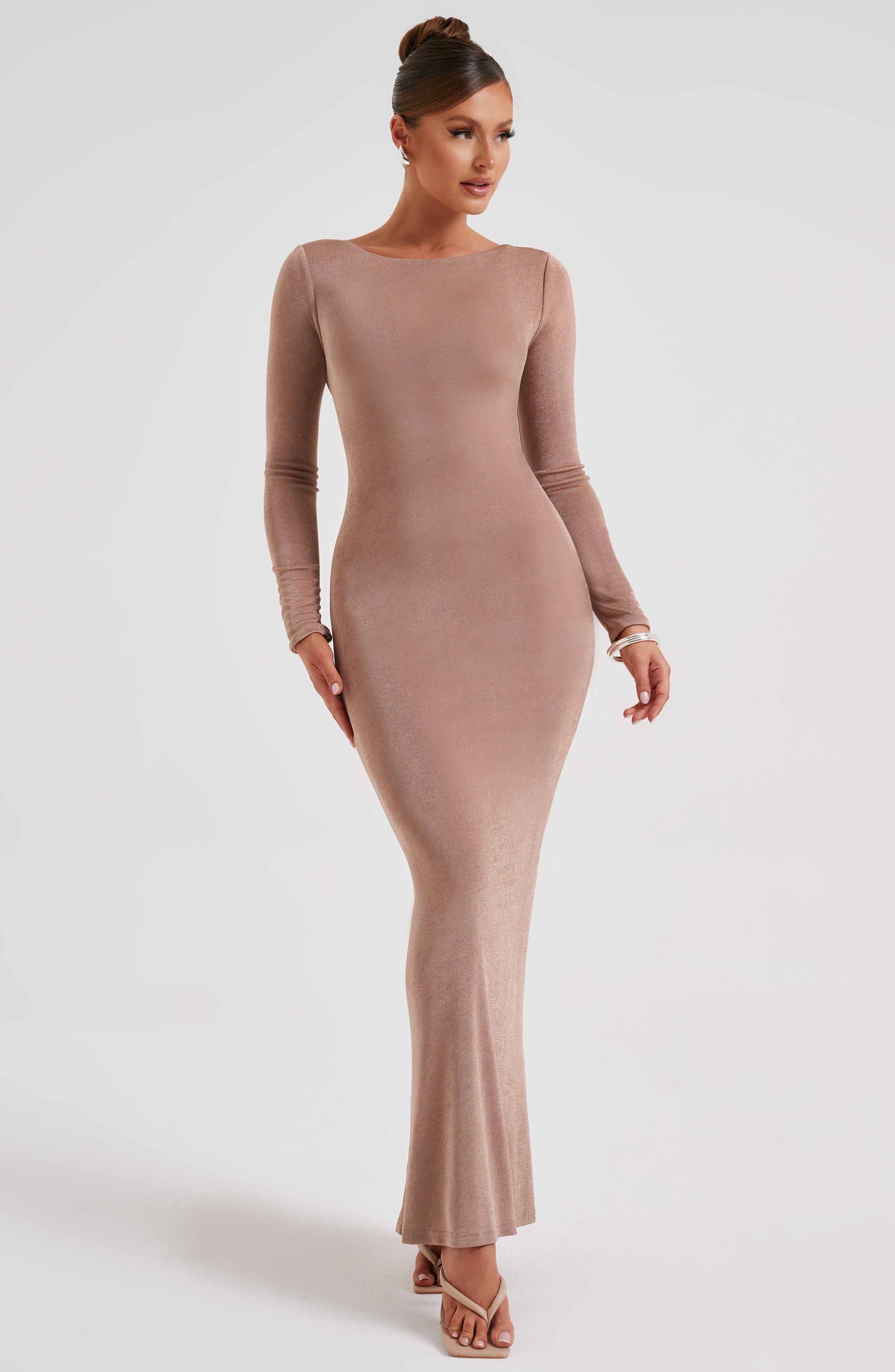 Anastassia Chocolate Maxi Dress with Low Back & Long Sleeves